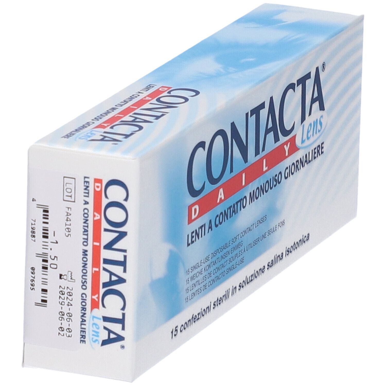 Confezione di lenti a contatto. Scritta: CONTACTA Daily Lens. Lenti a Contatto Monouso Giornaliere. 15 lenti.
