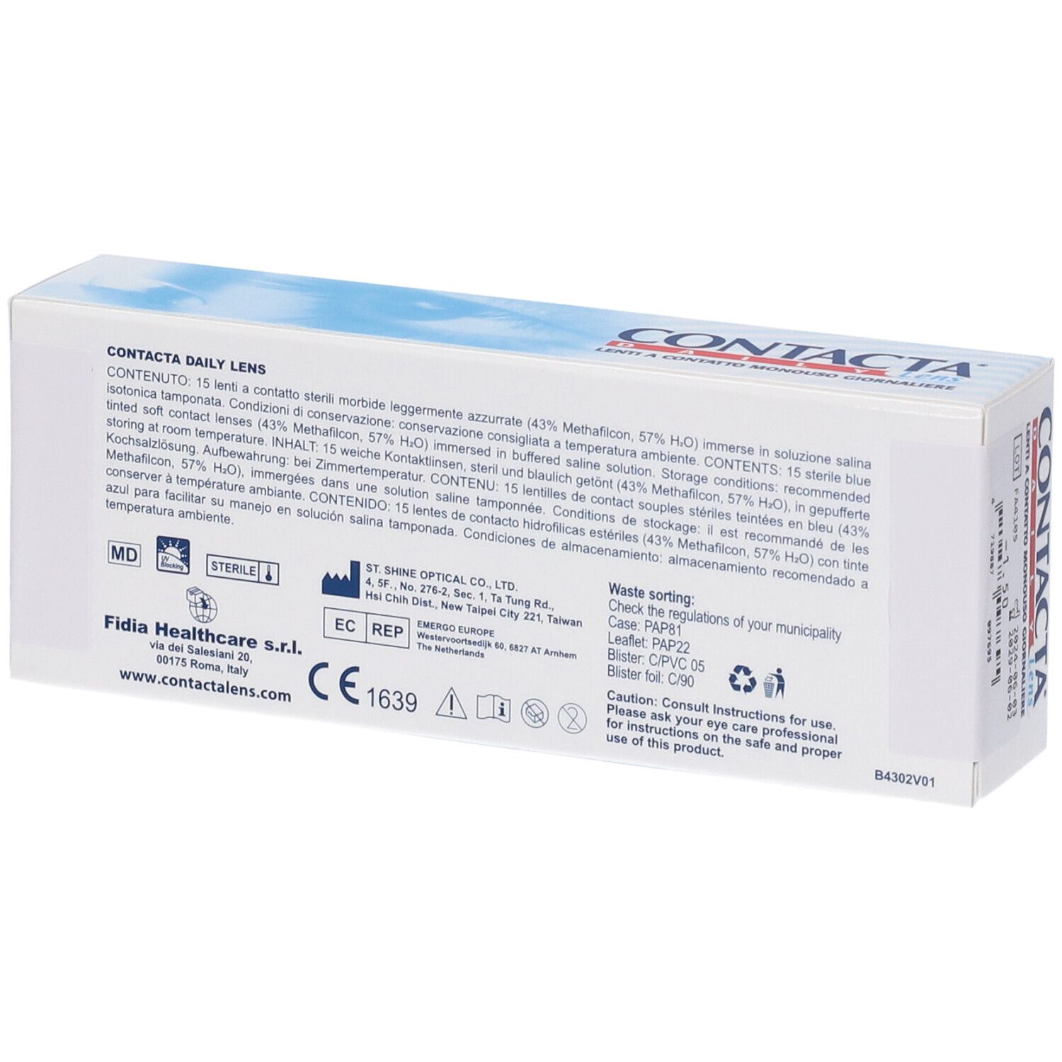 Retro della confezione di lenti a contatto. Testo: CONTACTA Daily Lens. Ingredienti, informazioni produttore, marchio CE.