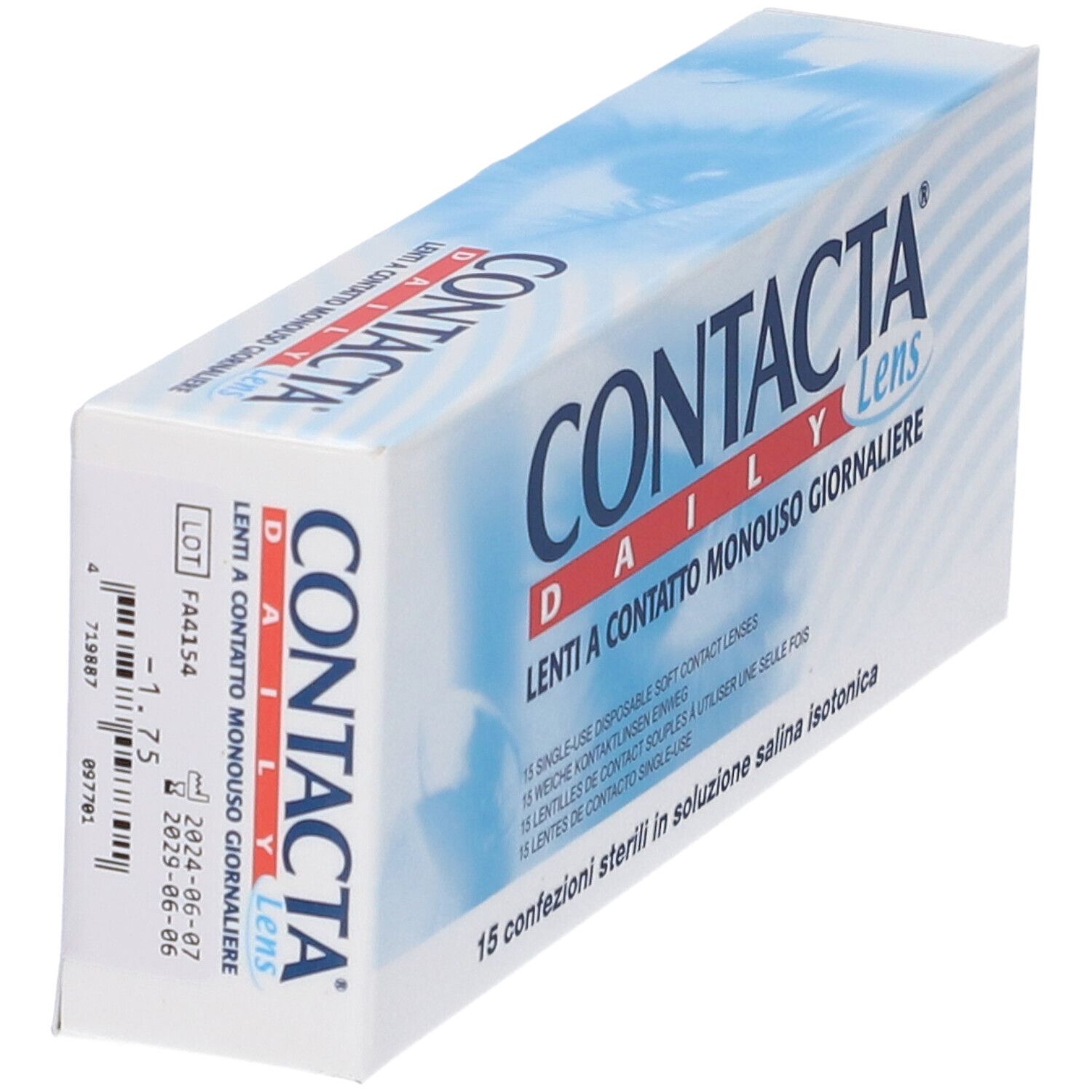 Confezione di lenti a contatto. Scritta: CONTACTA Daily Lens, Lenti a Contatto Monouso Giornaliere. 15 confezioni sterili.