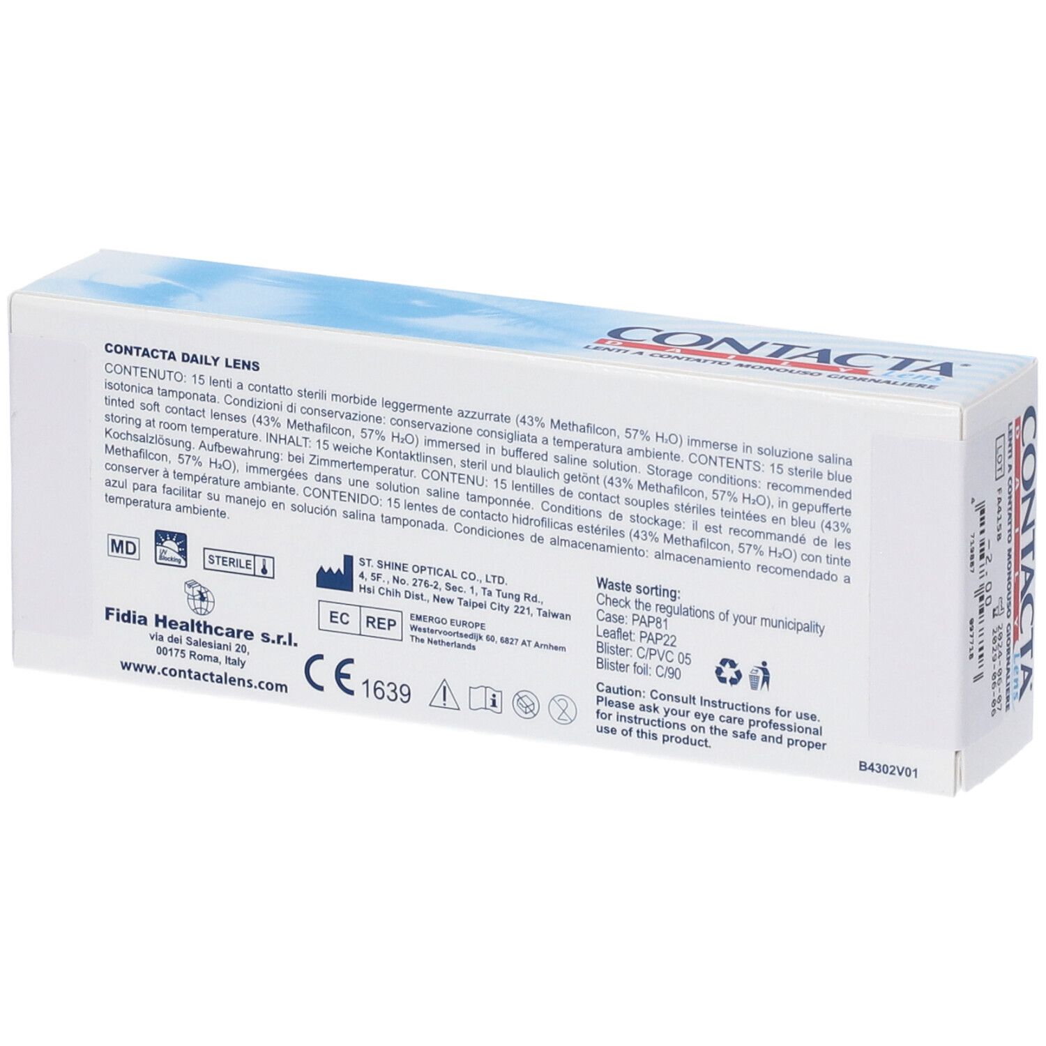 Retro della confezione di lenti a contatto. Testo: CONTACTA Daily Lens, ingredienti, informazioni produttore, avvertenze, marchio CE.