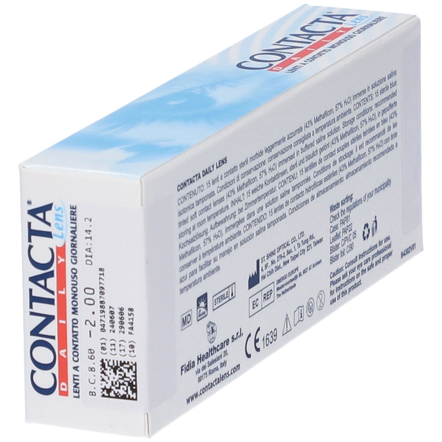Retro obliquo della confezione di lenti a contatto. Testo: CONTACTA Daily Lens, ingredienti, informazioni produttore, avvertenze, marchio CE.