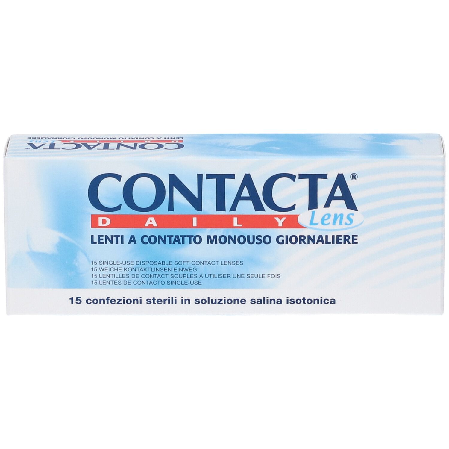 Confezione di lenti a contatto. Scritta: CONTACTA Daily Lens, Lenti a Contatto Monouso Giornaliere. 15 lenti a contatto morbide usa e getta.