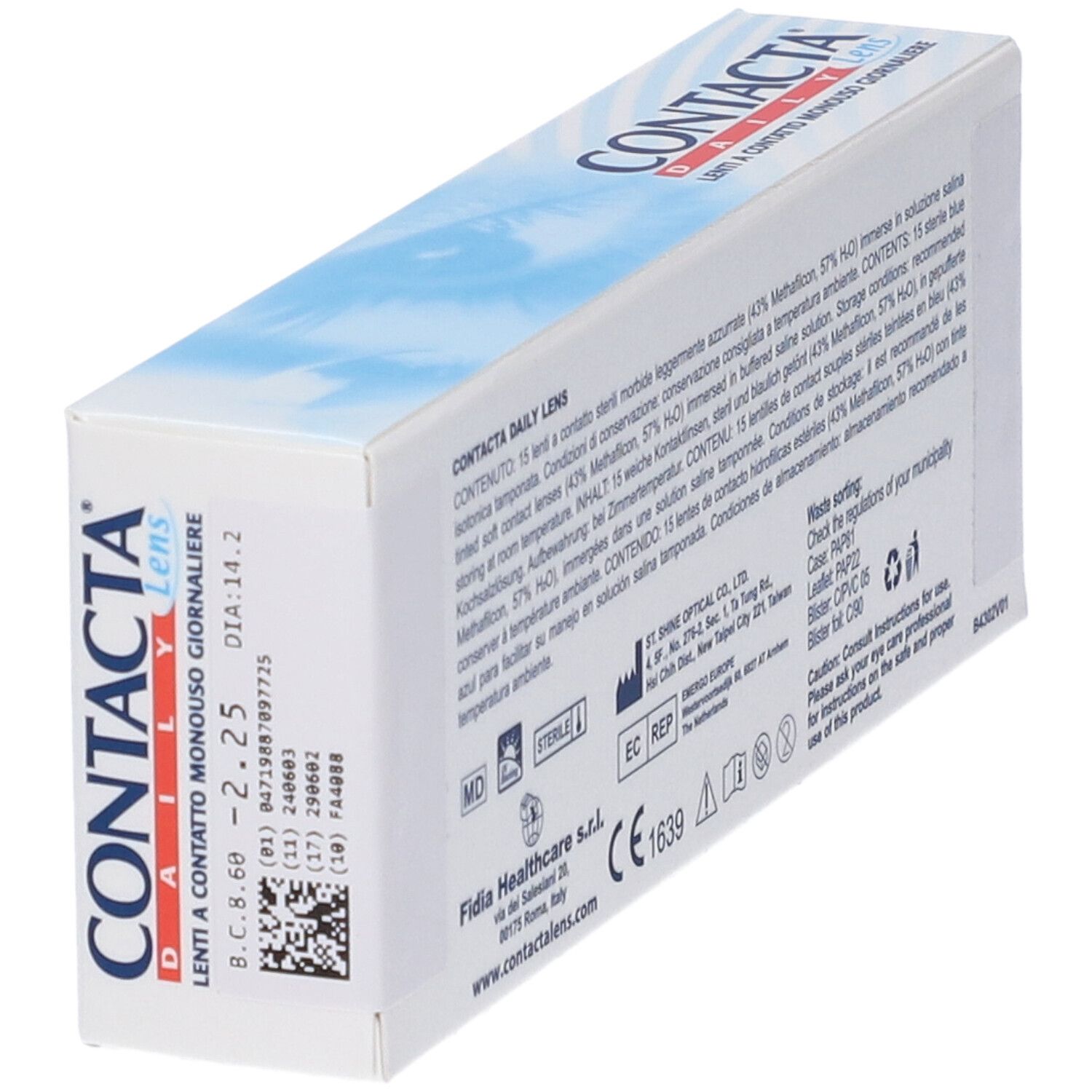 Confezione di lenti a contatto. Informazioni su diottria, produttore e ingredienti.