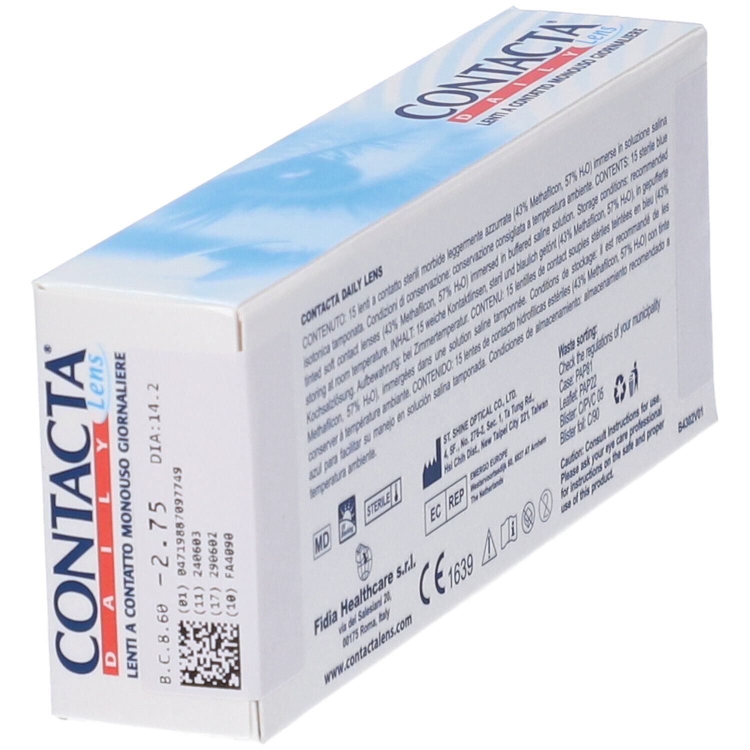 Scatola Contacta Daily Lens. Confezione bianca con informazioni. Vista angolata. Testo e codice a barre.