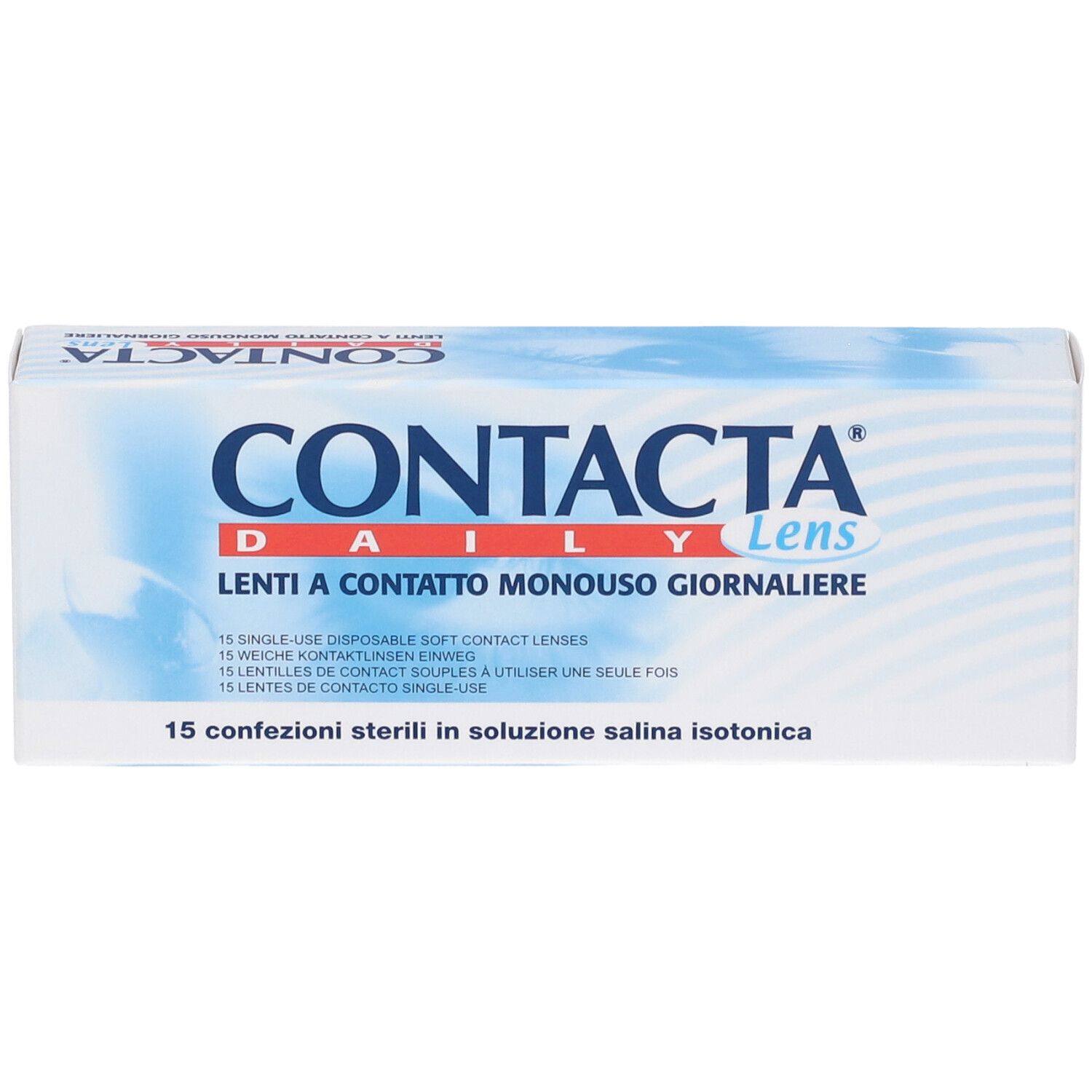 Confezione Contacta Daily Lens. Scatola bianca e blu con nome e testo del prodotto. 15 lenti a contatto sterili.