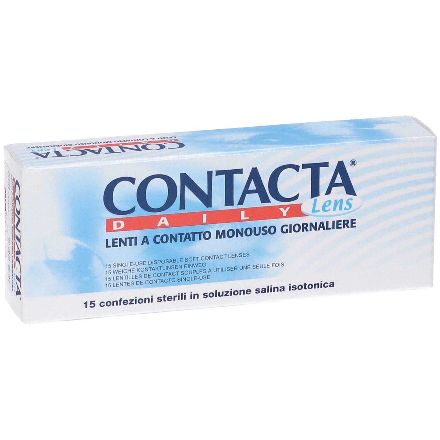 Confezione Contacta Daily Lens. Scatola bianca e blu con nome e testo del prodotto. 15 lenti a contatto sterili.