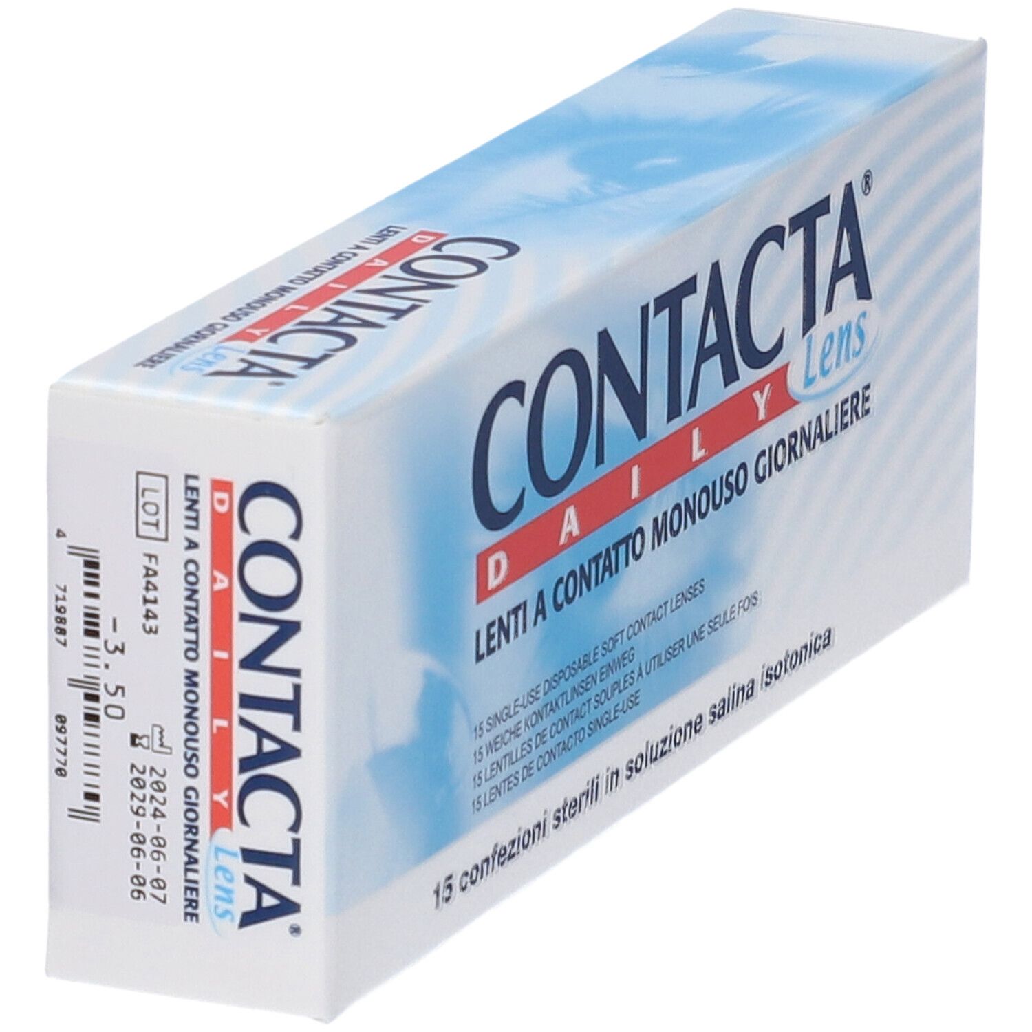 Confezione Contacta Daily Lens. 15 lenti. Scatola bianca e blu. Codice a barre e numero di lotto visibili.