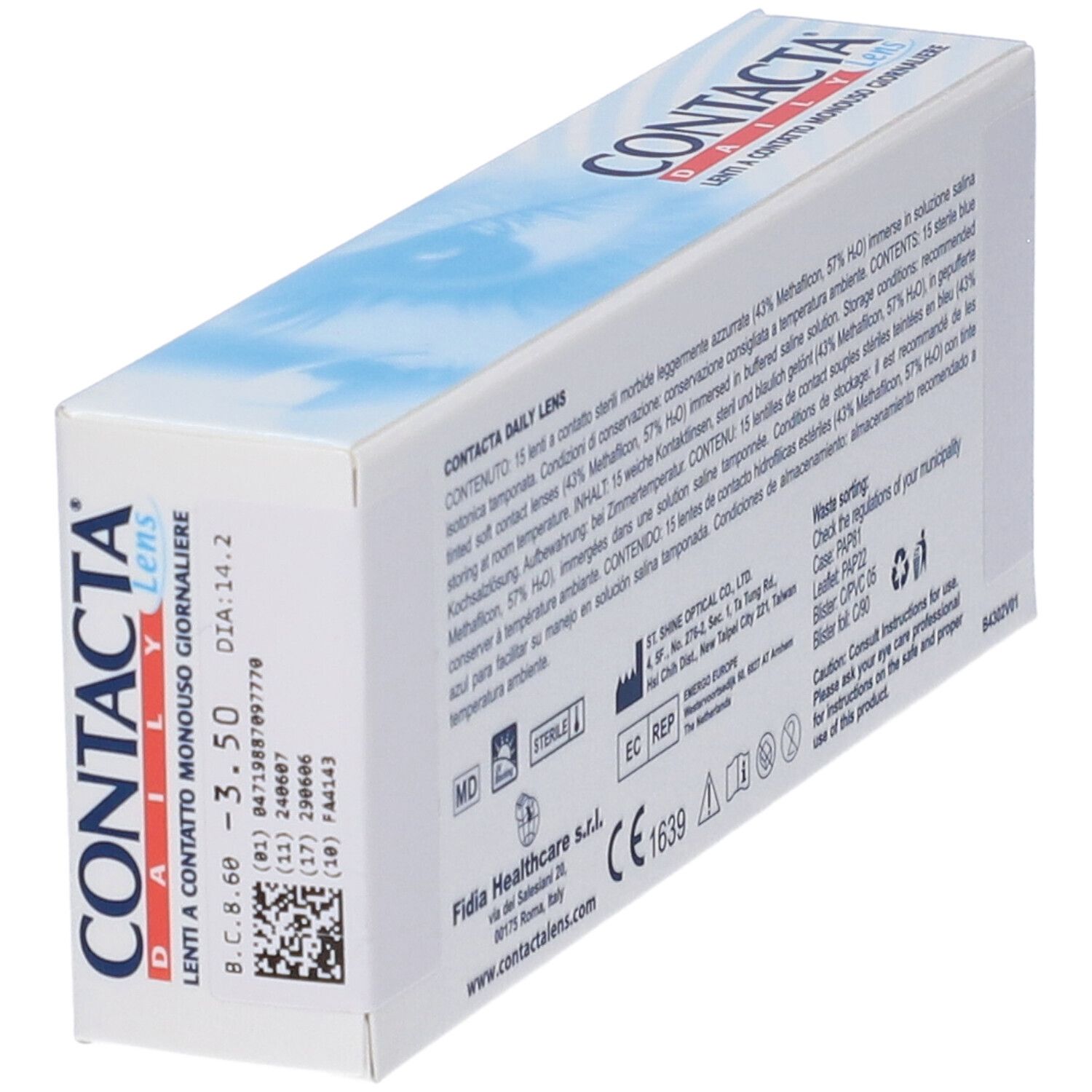 Confezione Contacta Daily Lens. 15 lenti. Scatola bianca. Codice a barre e diottrie.