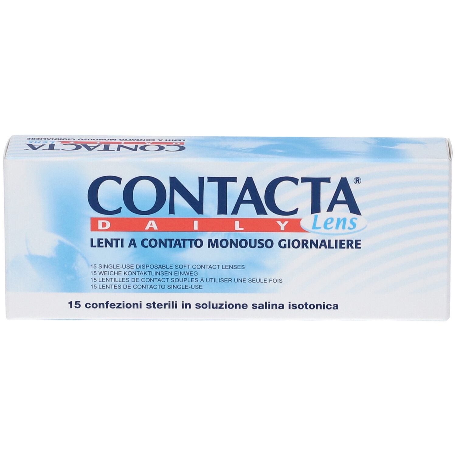 Confezione di lenti a contatto Contacta Daily Lens. 15 lenti. Scatola bianca e blu. Scritte in italiano.
