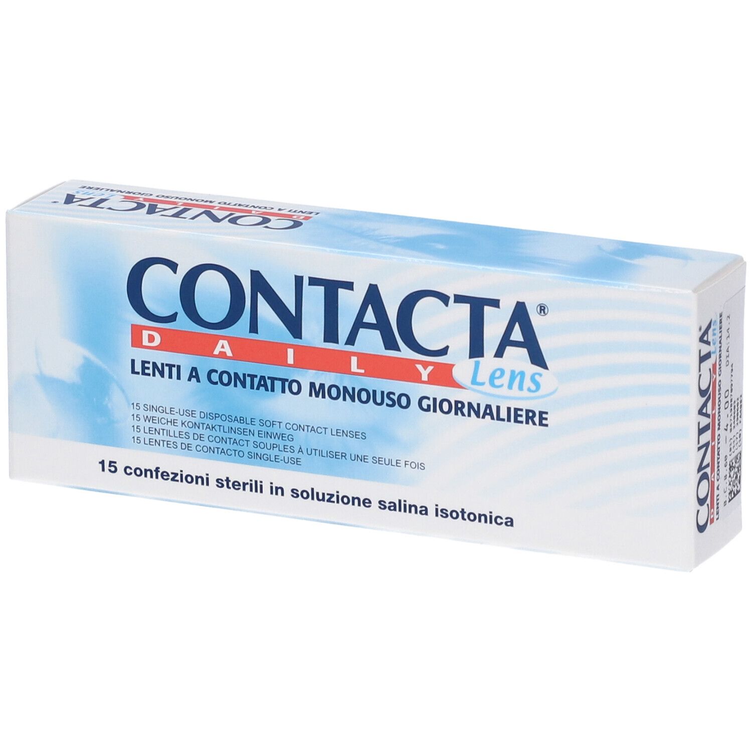 Confezione di lenti a contatto. Scritta CONTACTA Daily Lens. 15 lenti morbide. 15 confezioni sterili.