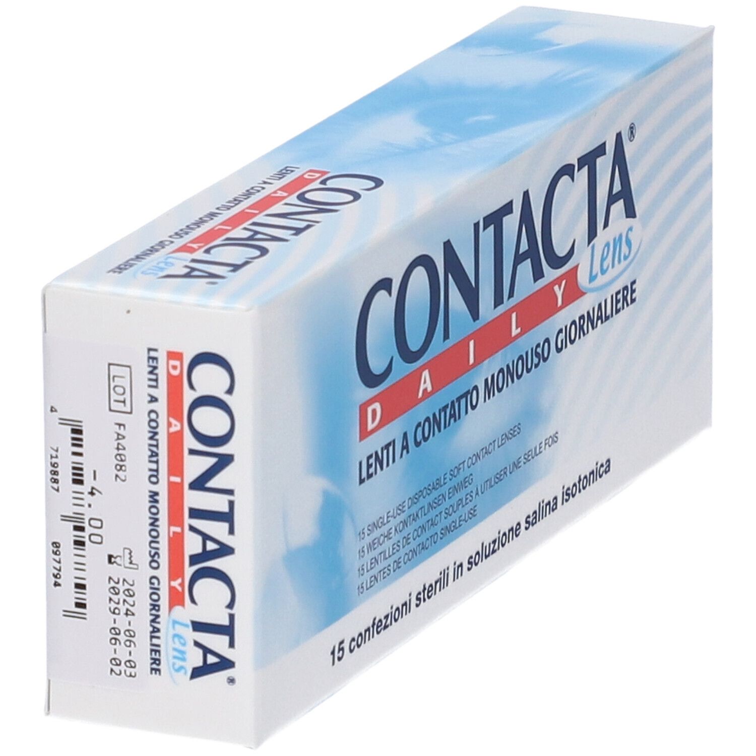 Confezione di lenti a contatto. Scritta CONTACTA Daily Lens. 15 lenti morbide. 15 confezioni sterili.