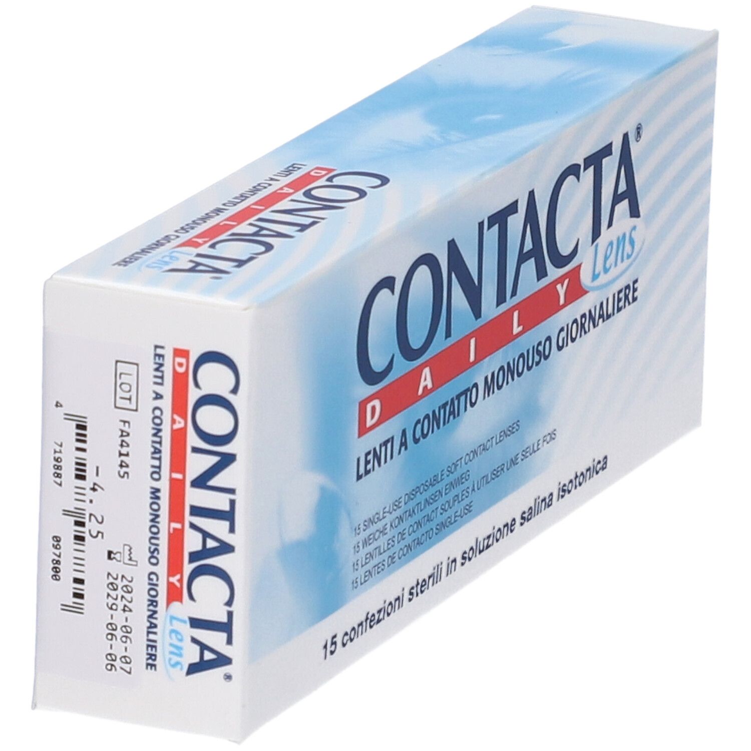 Confezione di lenti a contatto CONTACTA DAILY Lens. 15 lenti a contatto morbide monouso. Testo multilingue.