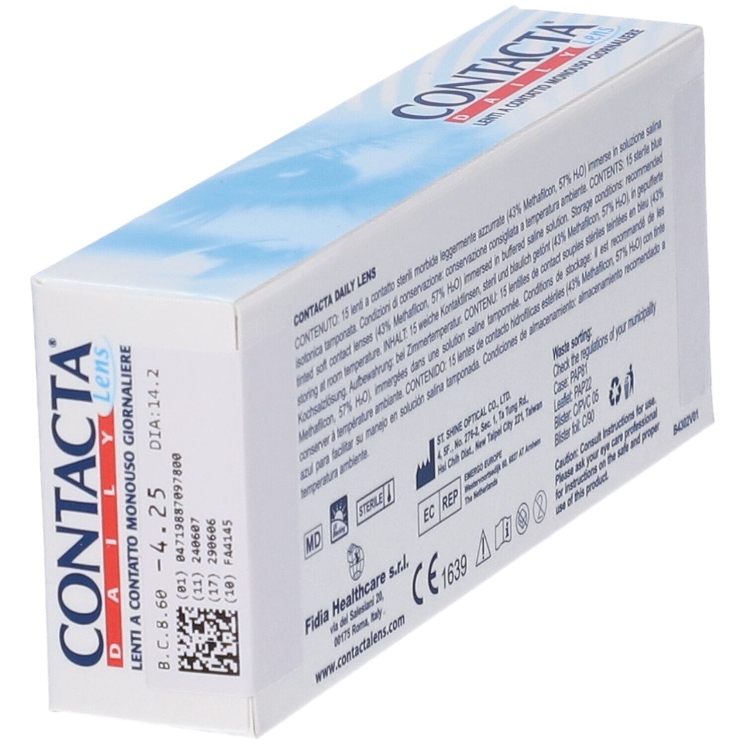 Retro della confezione di lenti a contatto. Testo con informazioni sul contenuto, produttore e avvertenze.