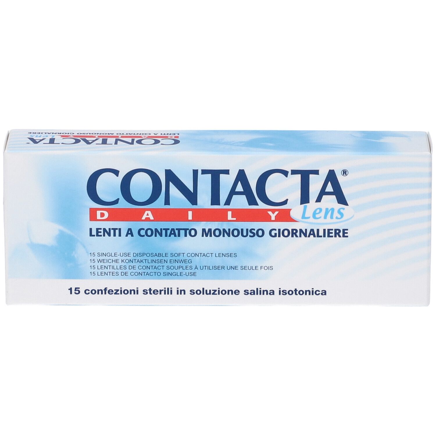 Confezione di lenti a contatto CONTACTA DAILY Lens. 15 lenti a contatto morbide monouso. Testo multilingue.