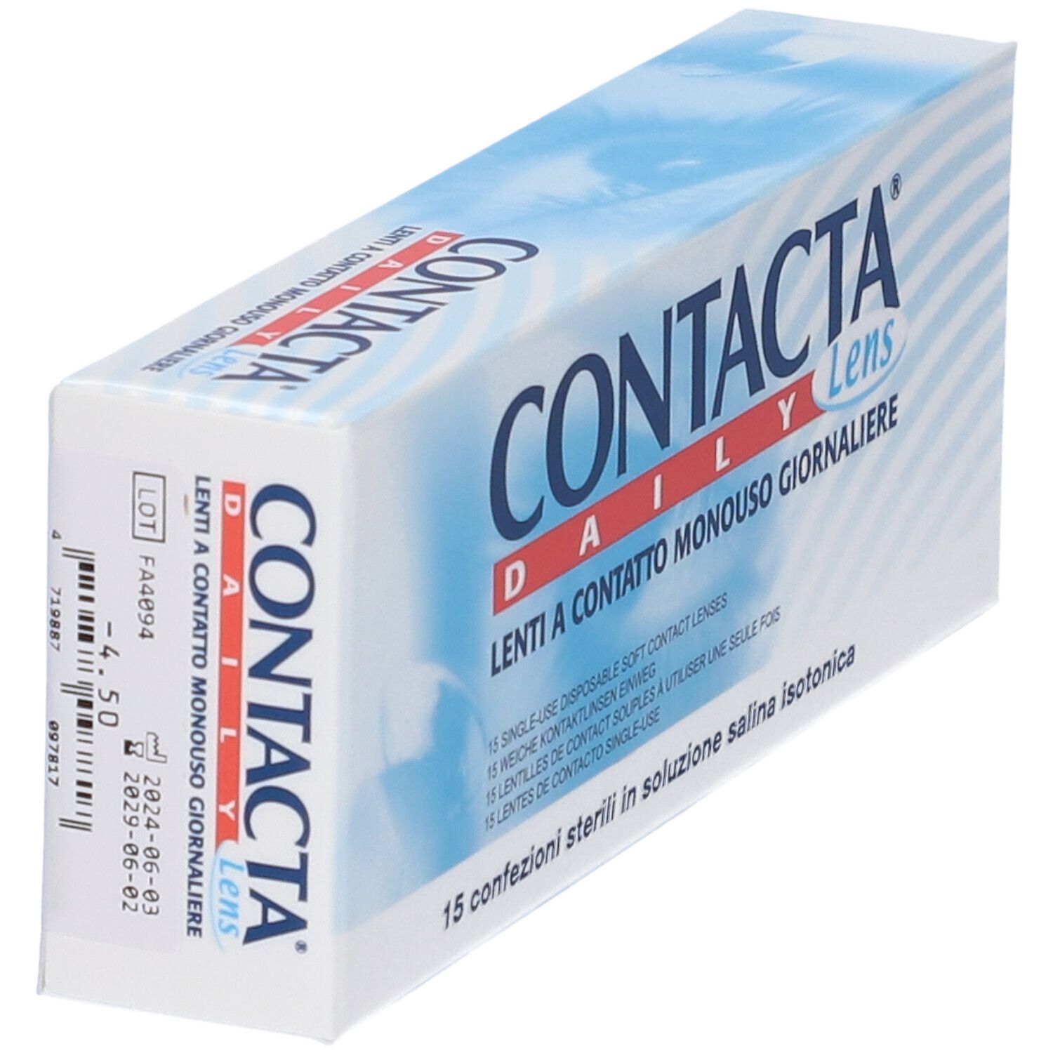 Confezione di lenti a contatto CONTACTA Daily Lens. 15 lenti in soluzione salina sterile. Scatola bianca e blu.
