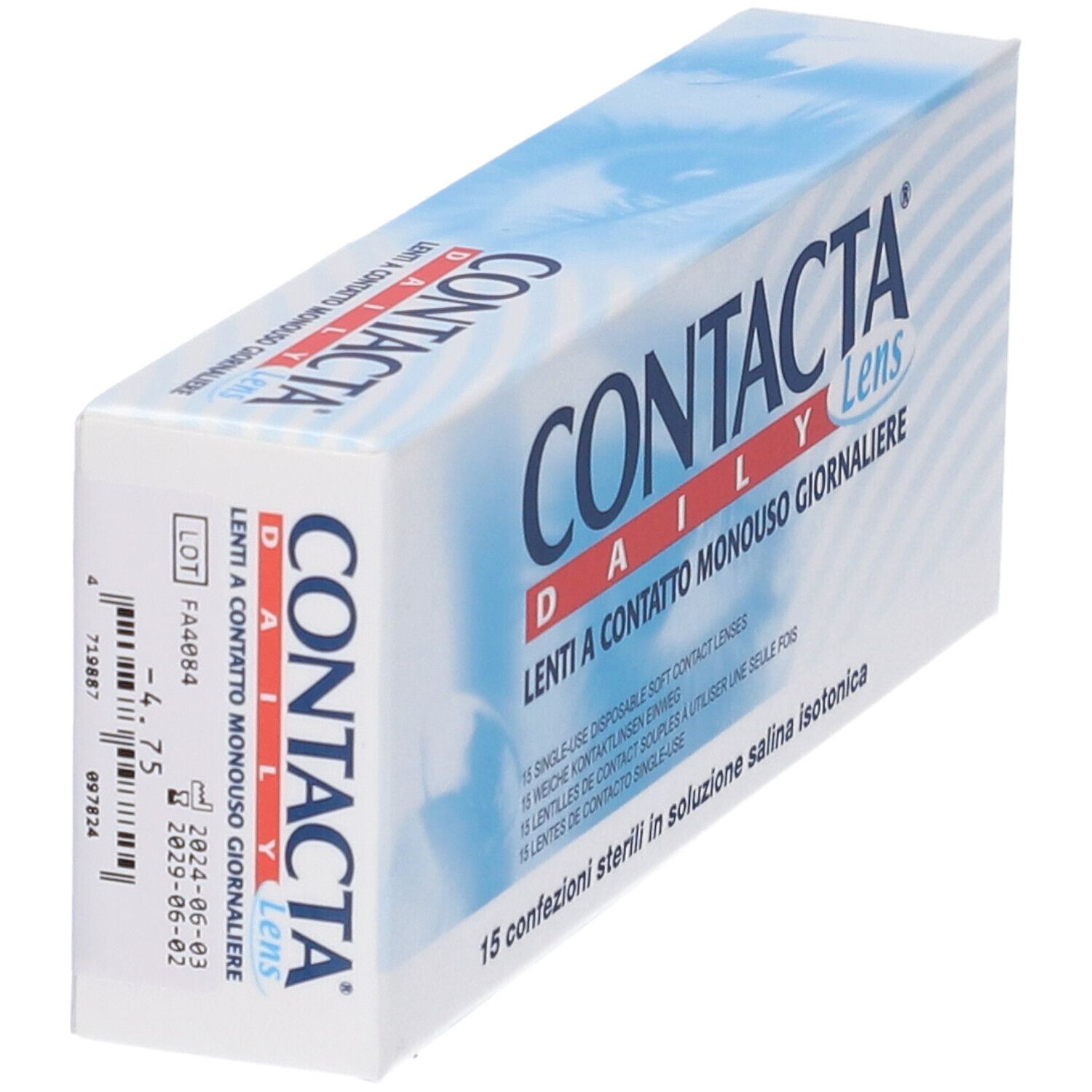 Confezione CONTACTA Daily Lens angolata. Scritta: Lenti a contatto monouso giornaliere. 15 pezzi.