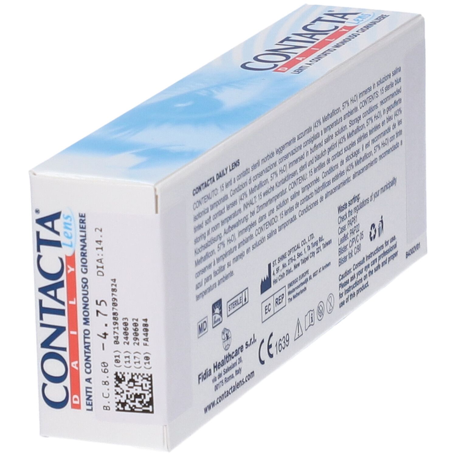 Confezione angolata. Testo: CONTACTA Daily Lens. Informazioni su ingredienti e produttore.
