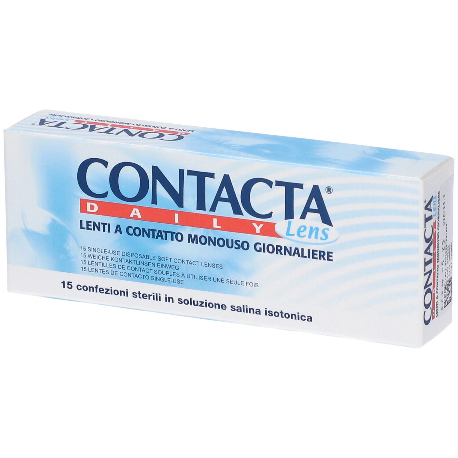 Confezione di lenti a contatto. Scritta CONTACTA DAILY Lens, Lenti a contatto monouso giornaliere. 15 pezzi, lingue diverse.