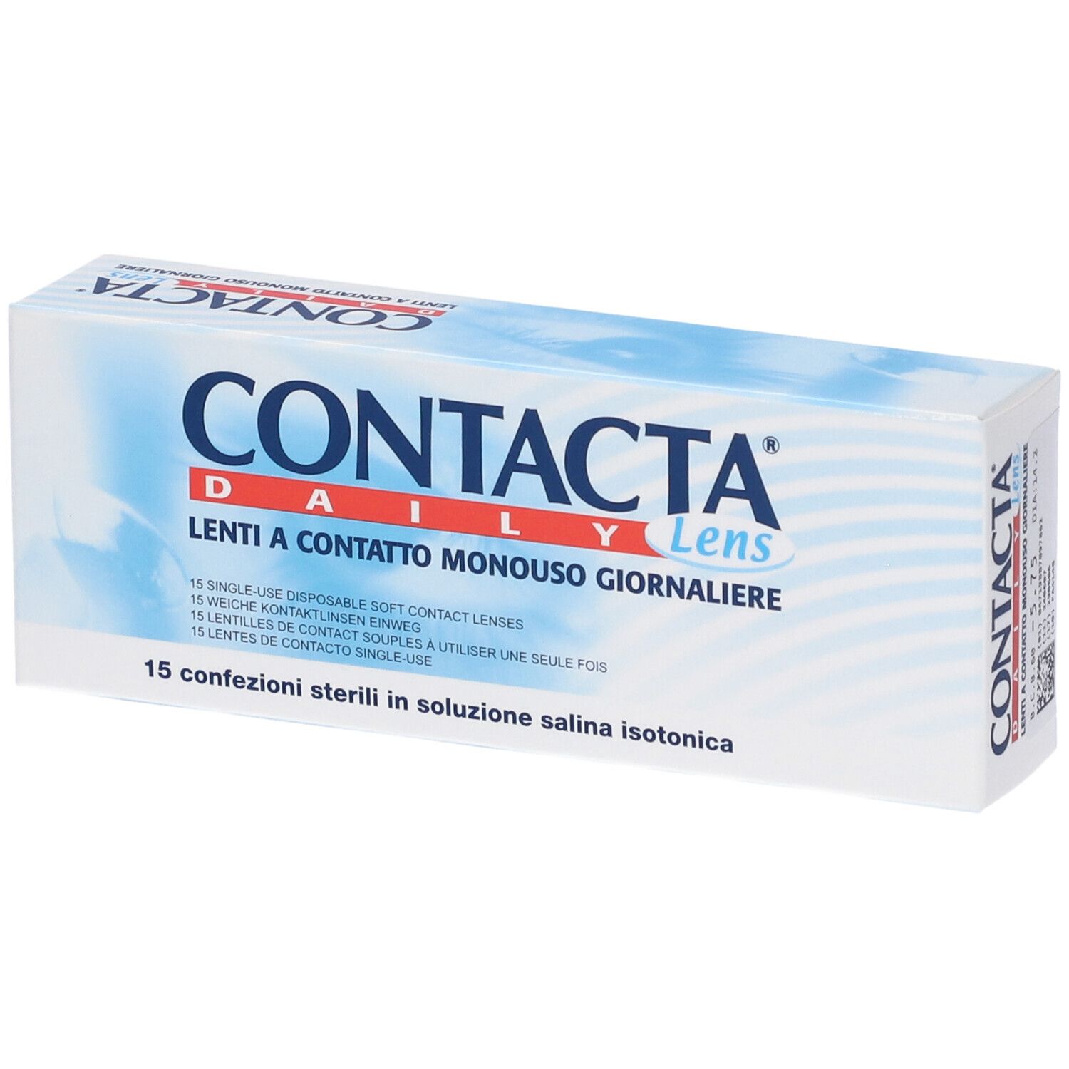 Confezione di lenti a contatto. Scritta CONTACTA DAILY Lens. 15 lenti a contatto monouso. Testo multilingue.