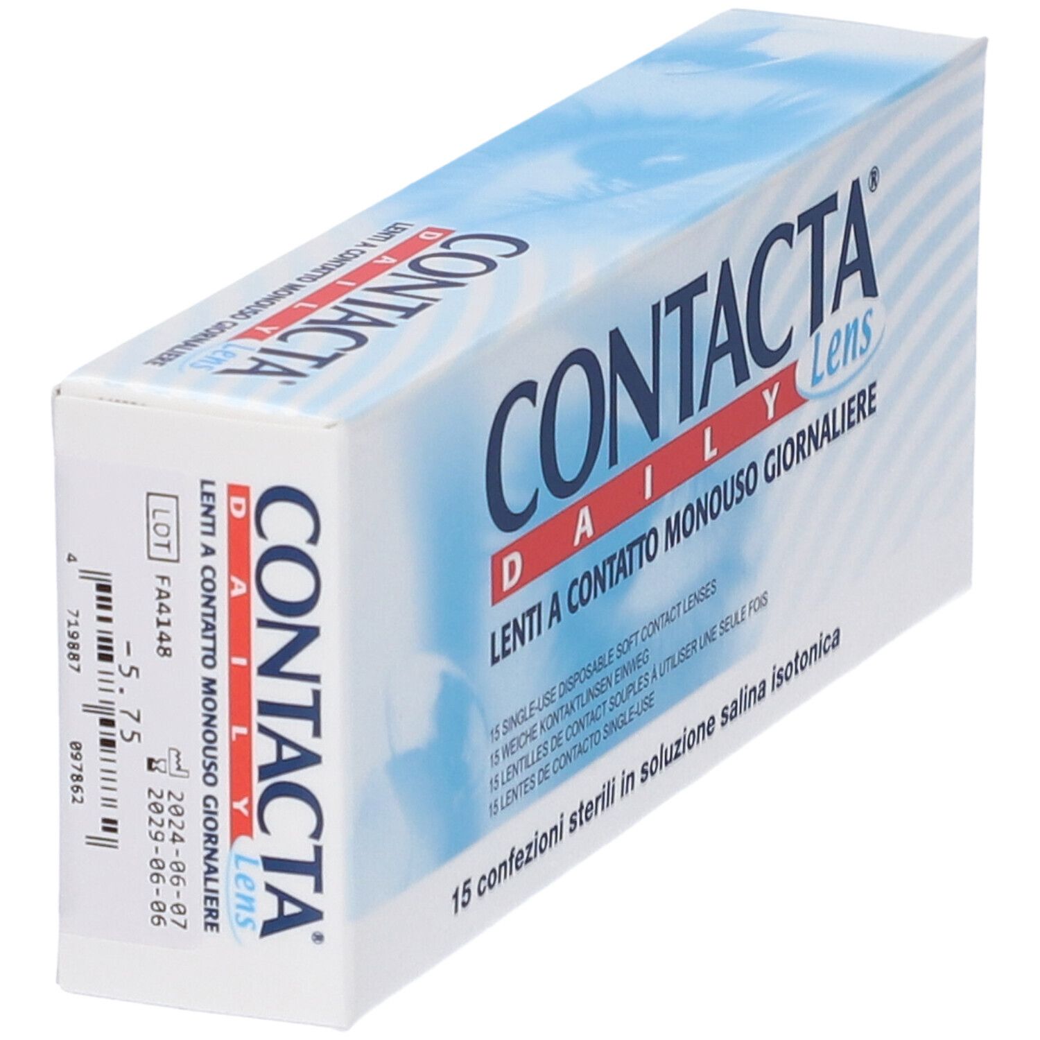 Confezione di lenti a contatto. Scritta CONTACTA DAILY Lens. 15 lenti a contatto monouso. Testo multilingue.