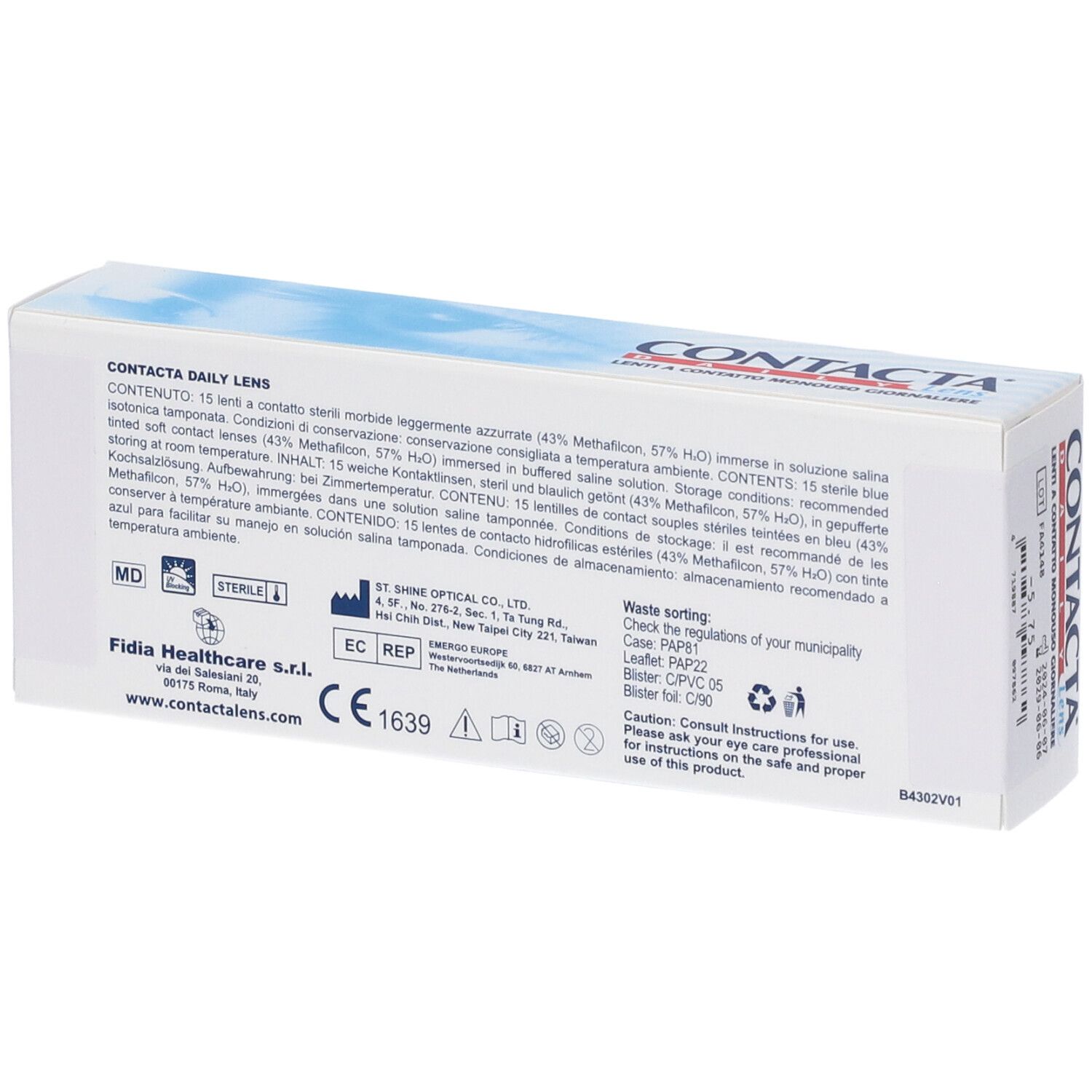 Confezione di lenti a contatto. Scritta CONTACTA DAILY Lens. Informazioni sugli ingredienti e sul produttore.