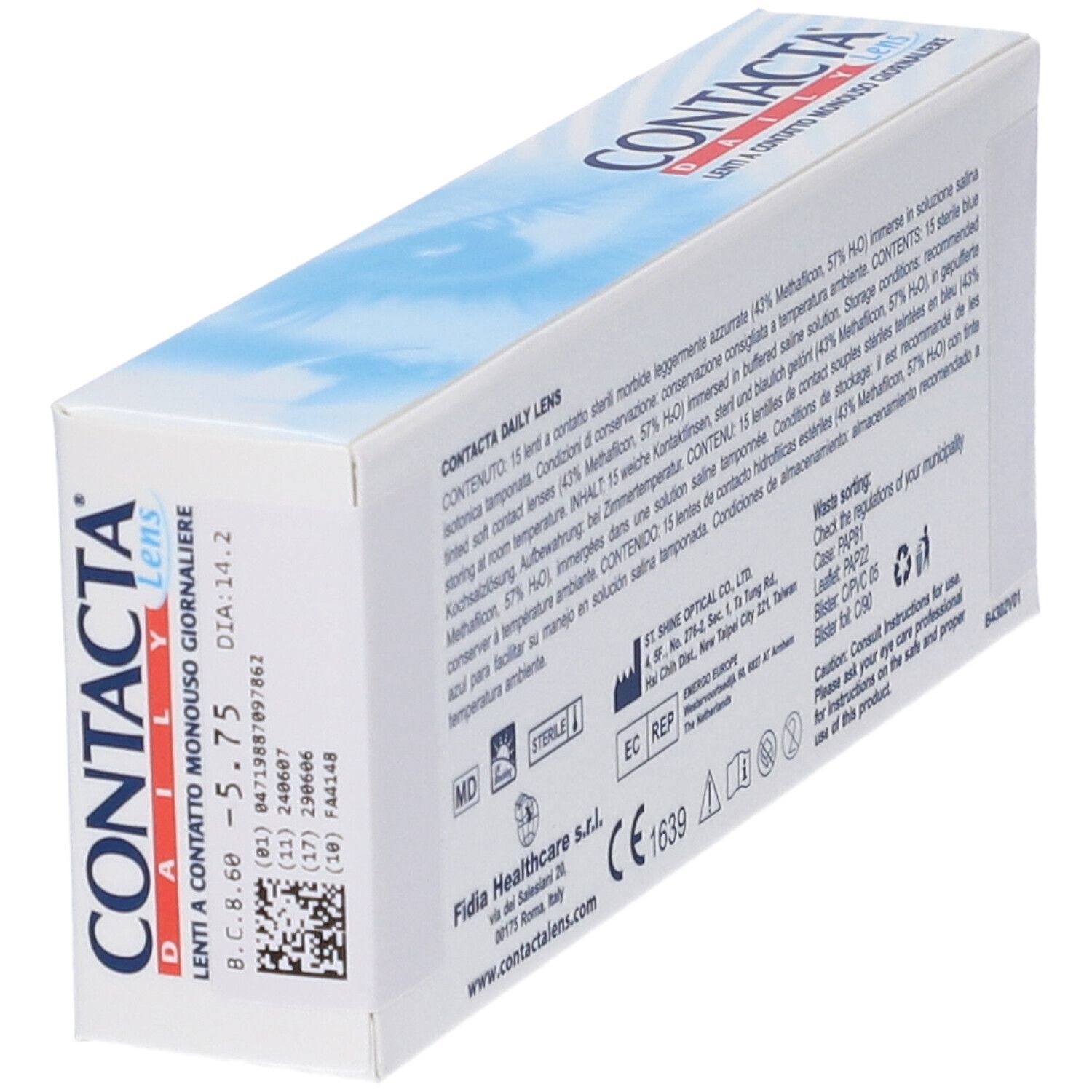 Confezione di lenti a contatto. Scritta CONTACTA DAILY Lens. Informazioni sugli ingredienti e sul produttore.