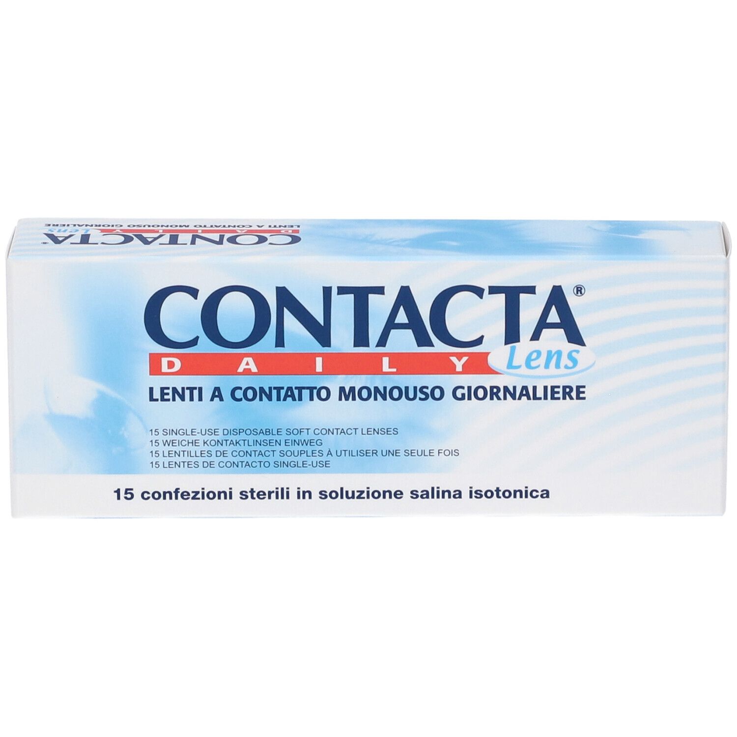 Confezione di lenti a contatto. Scritta CONTACTA DAILY Lens. 15 lenti a contatto monouso. Testo multilingue.