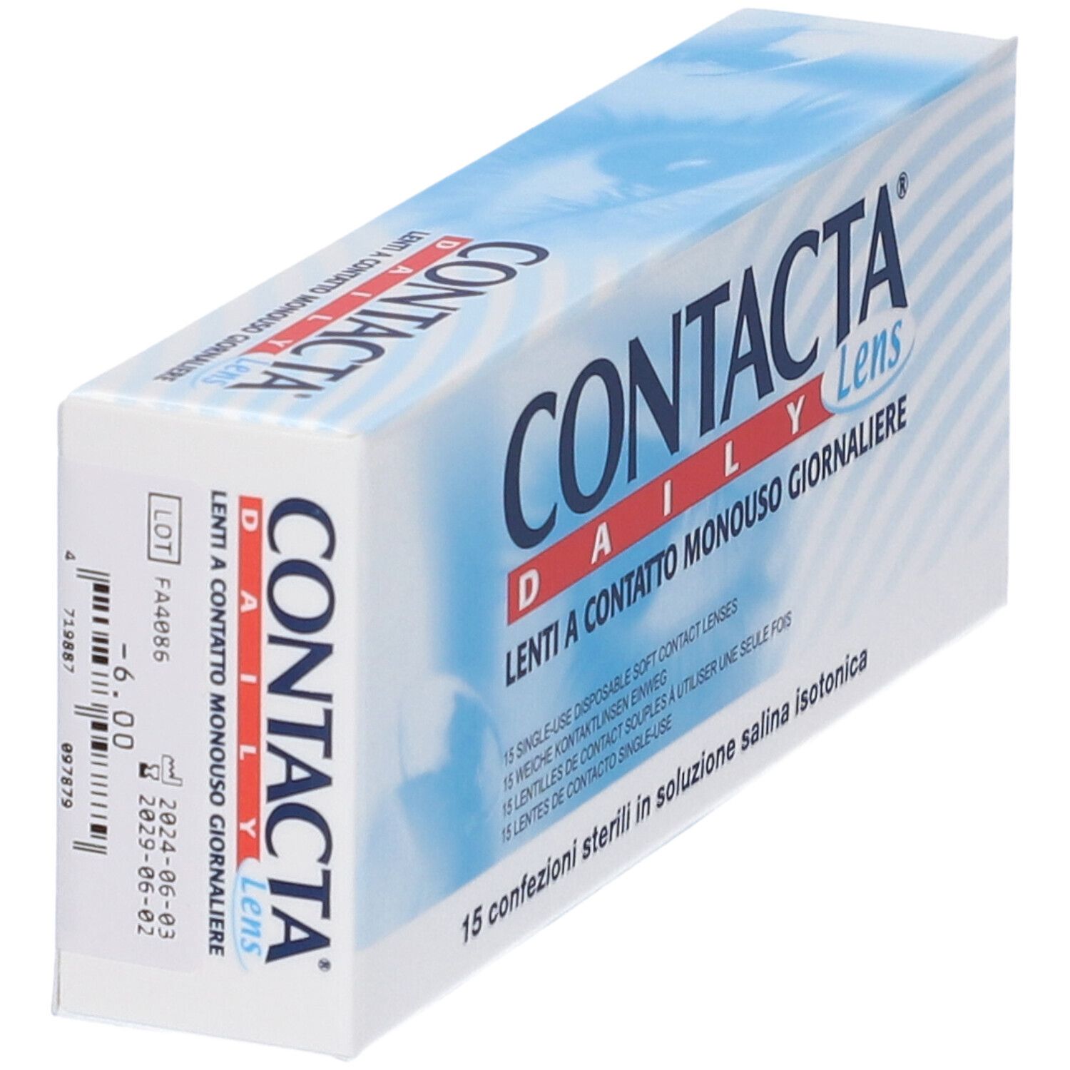 Confezione di lenti a contatto. Scritta: CONTACTA Daily Lens. Con numero di lotto e scadenza.