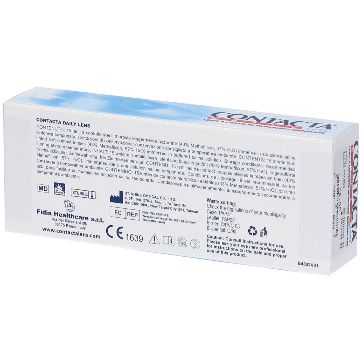 Retro della confezione di lenti a contatto. Testo con ingredienti e informazioni produttore.