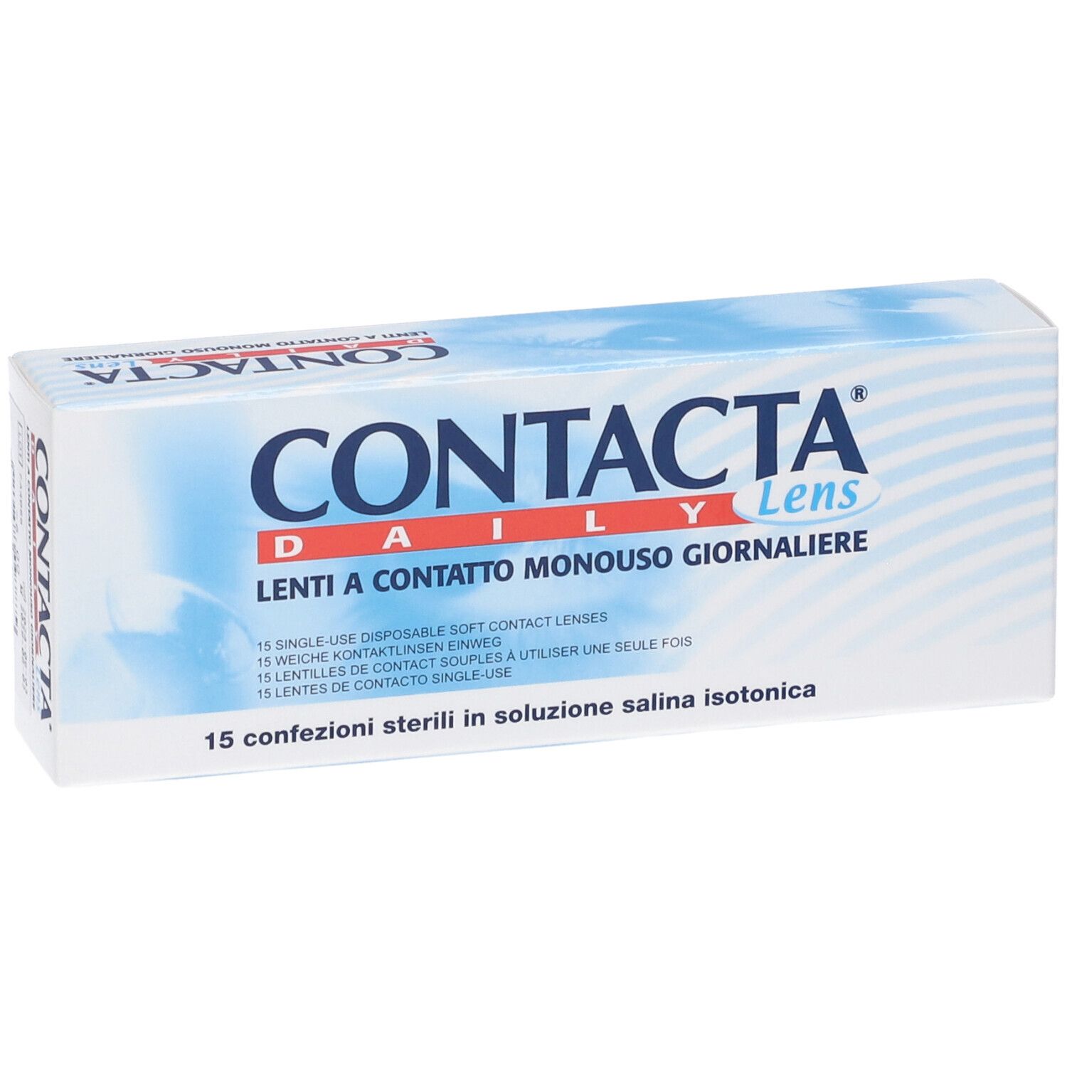 Confezione di lenti a contatto. Scritta: CONTACTA Daily Lens. 15 confezioni singole.