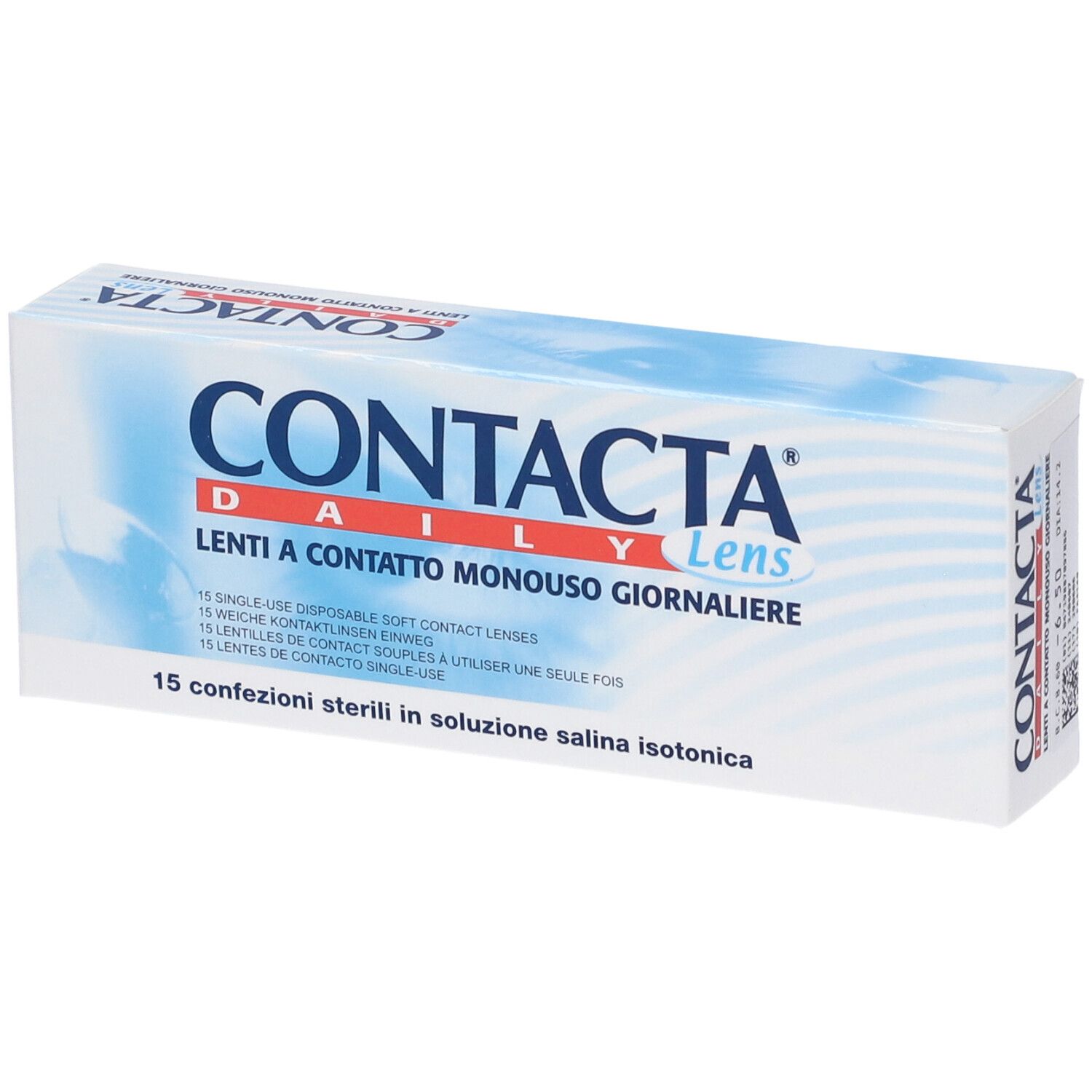 Confezione di lenti a contatto. Scritta CONTACTA DAILY Lens. 15 lenti a contatto morbide monouso.