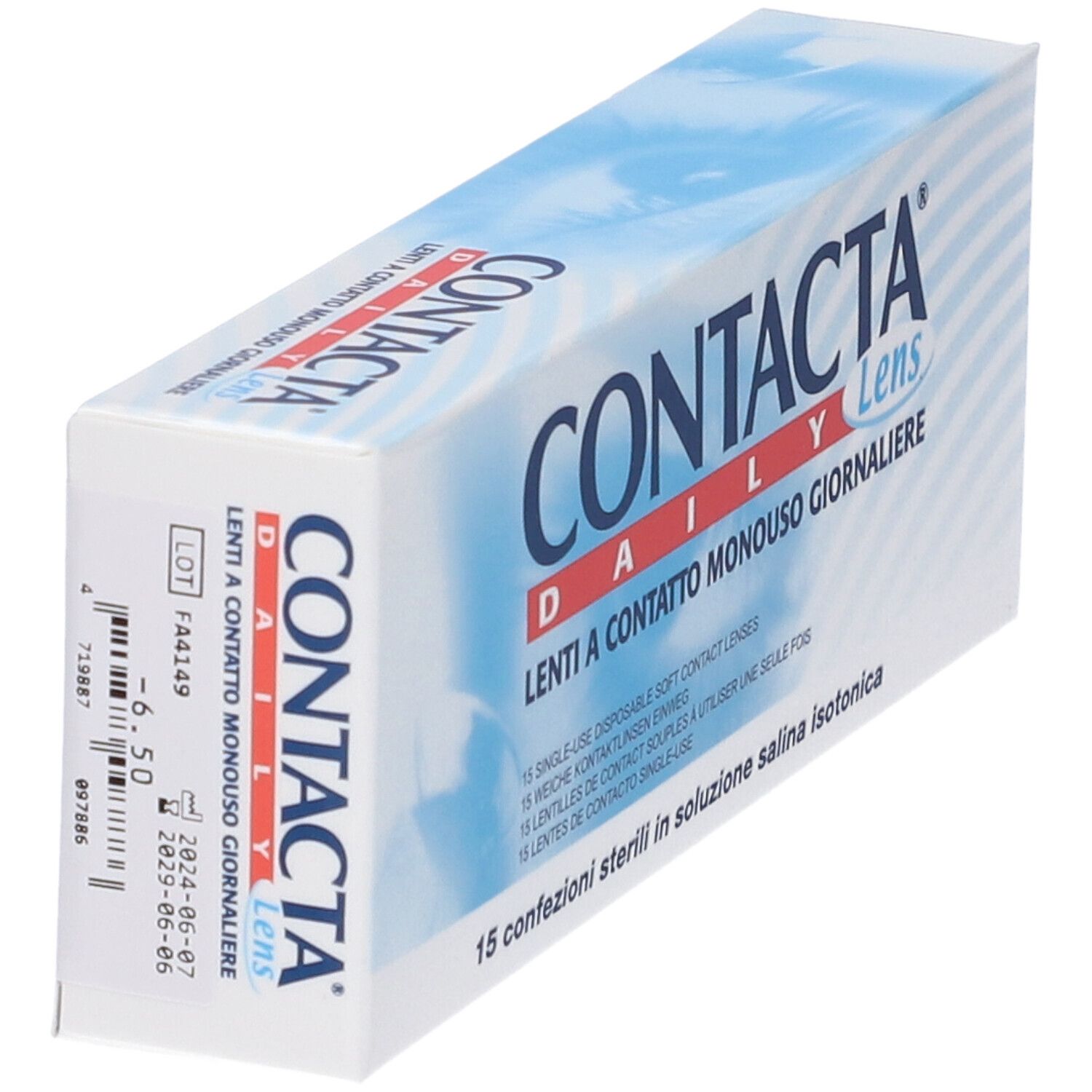 Confezione di lenti a contatto. Scritta CONTACTA DAILY Lens. 15 lenti a contatto morbide monouso.