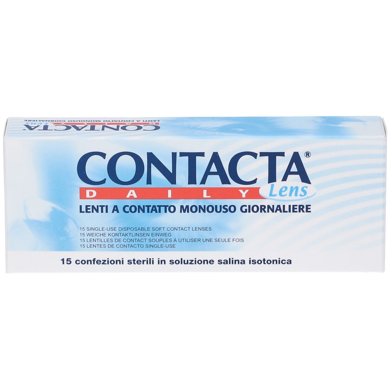 Confezione di lenti a contatto. Scritta CONTACTA DAILY Lens. Dettagli e codice a barre sul lato.