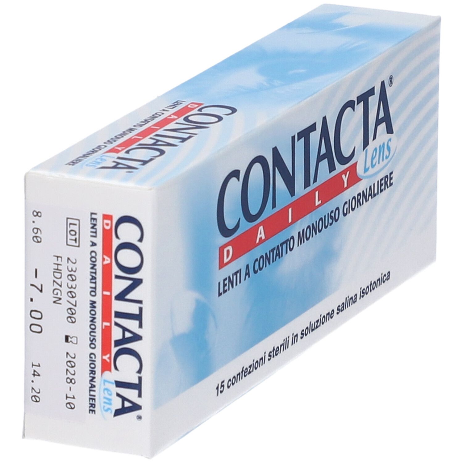Confezione di lenti CONTACTA DAILY Lens. Dettagli: -7.00, numero di lotto, data di scadenza.