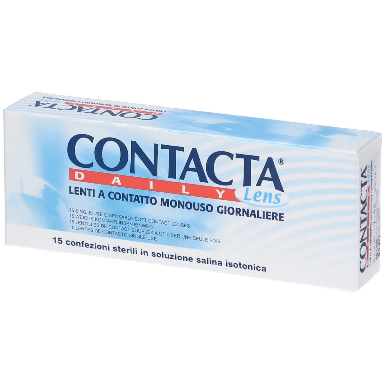 Confezione di lenti a contatto. Scritta CONTACTA Daily Lens. 15 lenti a contatto morbide. Testo multilingue.