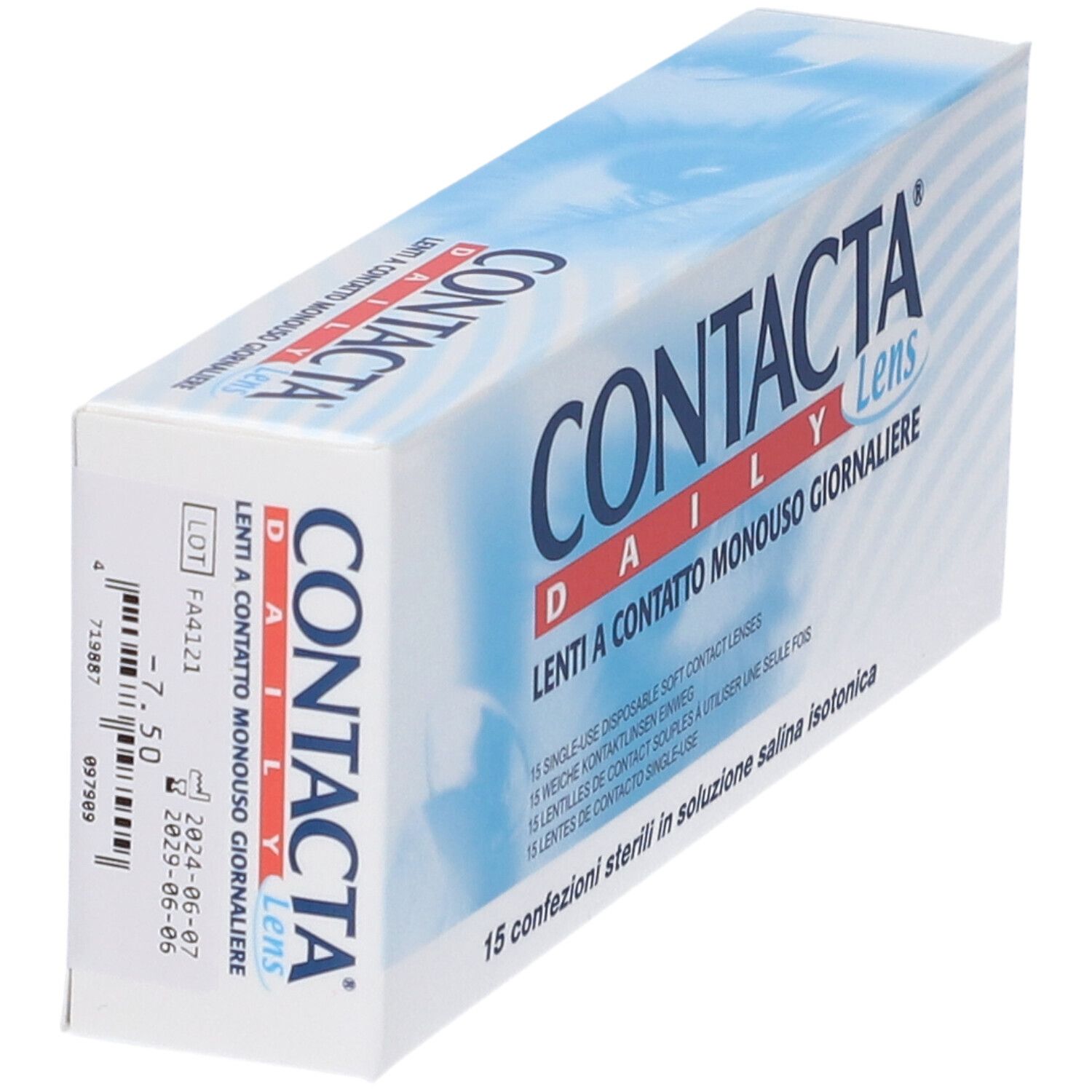 Confezione di lenti a contatto. Scritta CONTACTA Daily Lens. 15 lenti a contatto morbide. Testo multilingue.