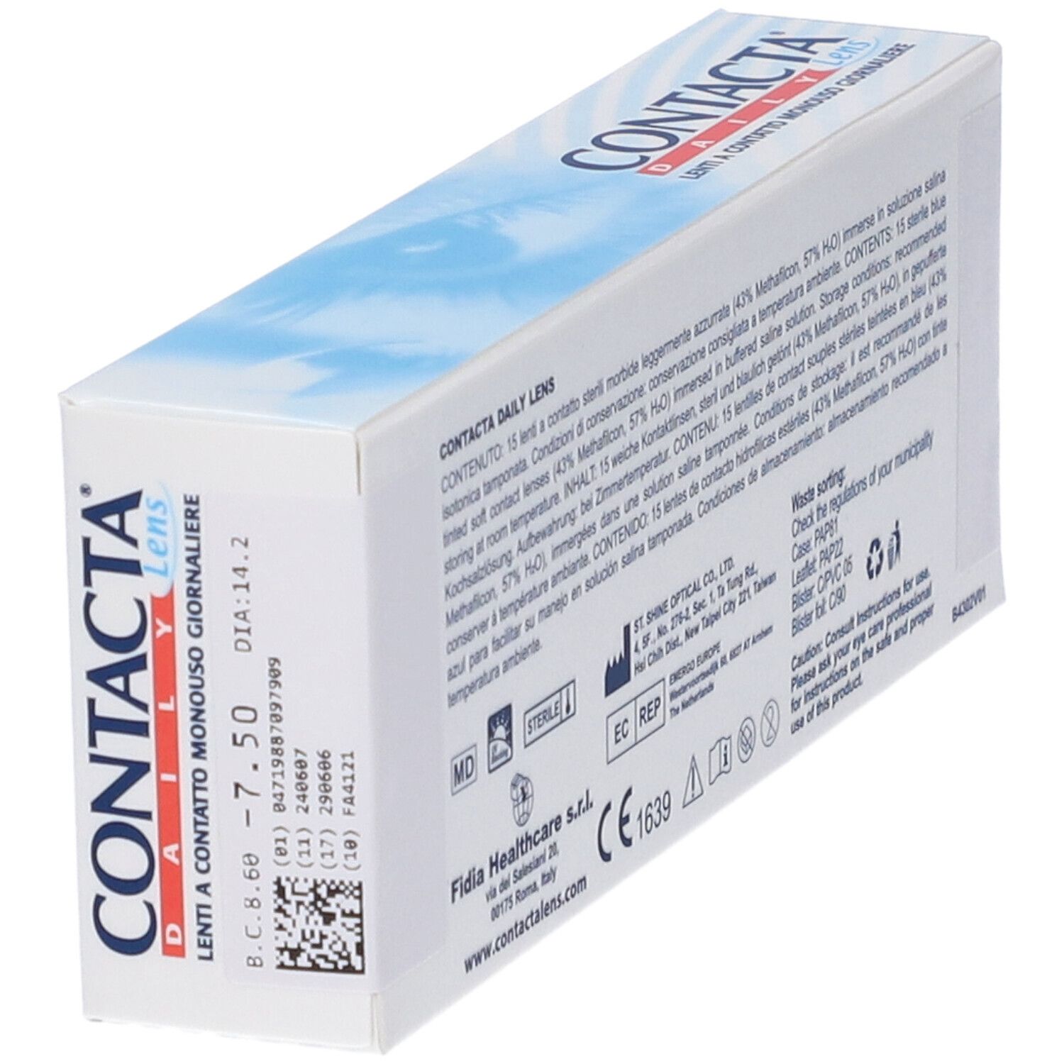 Retro della confezione di lenti a contatto. Testo multilingue. Informazioni sugli ingredienti e il produttore.
