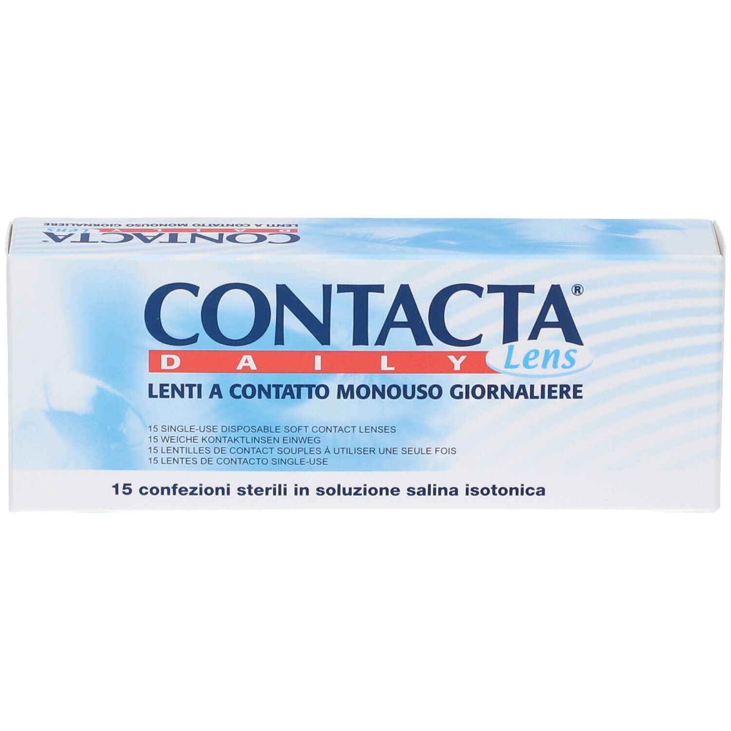 Confezione di lenti a contatto. Scritta CONTACTA Daily Lens. Vista angolata. Testo e codice a barre.