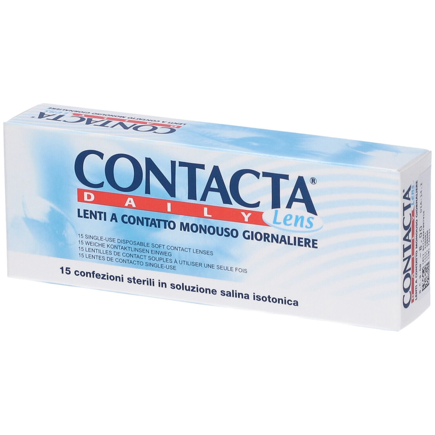 Confezione di lenti a contatto. Scritta CONTACTA Daily Lens. 15 lenti a contatto monouso. Testo multilingue.
