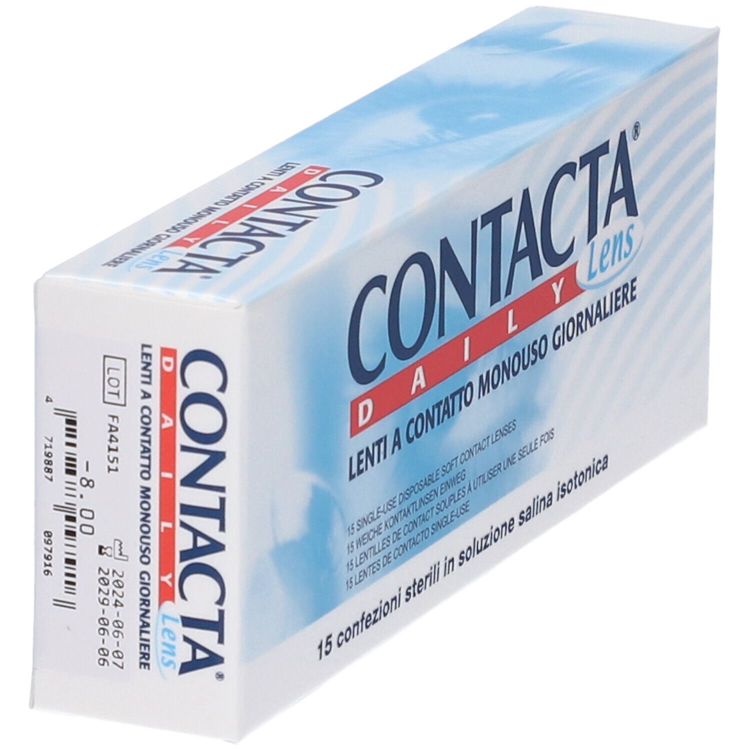 Confezione di lenti a contatto. Scritta CONTACTA Daily Lens. 15 lenti a contatto monouso. Testo multilingue.