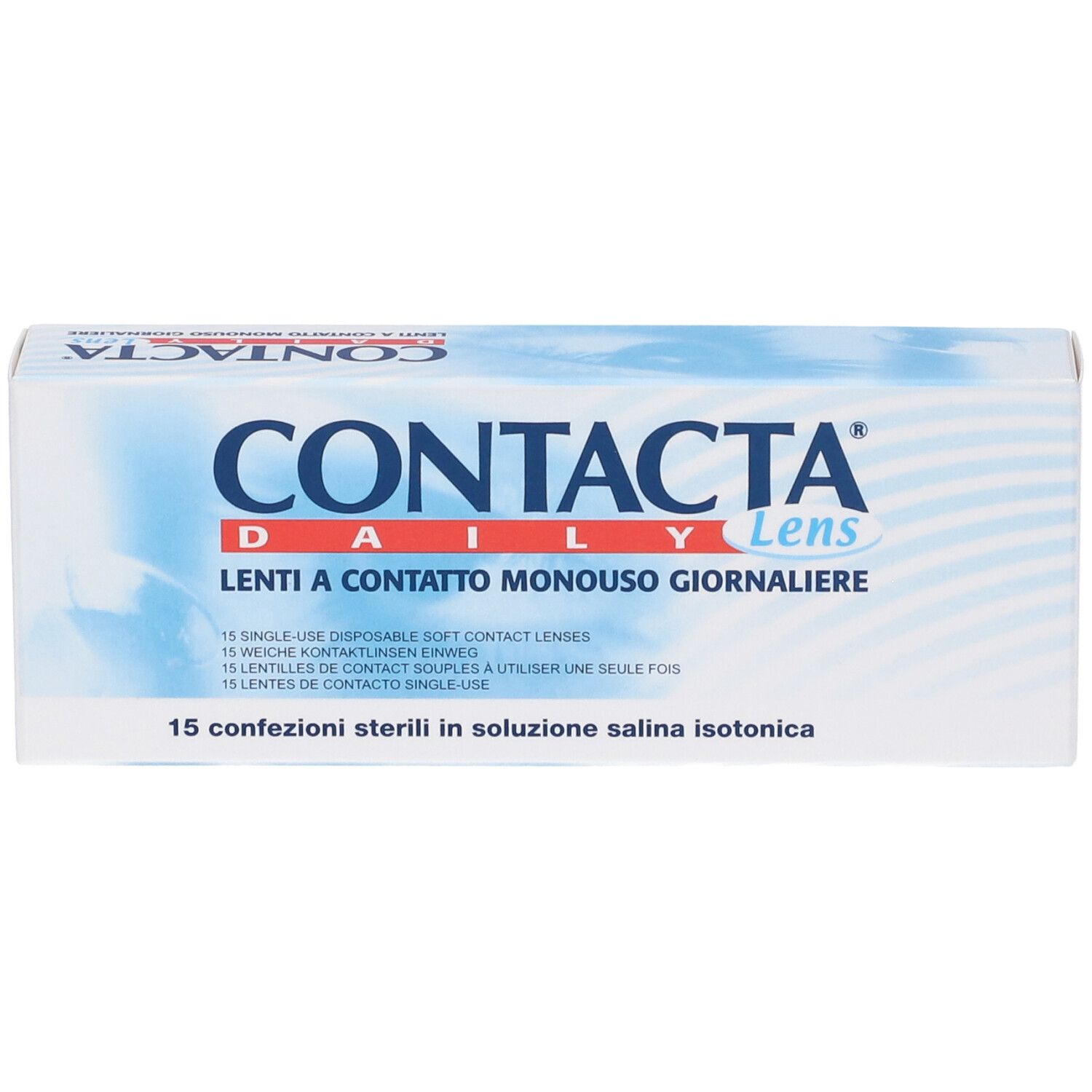 Confezione di lenti a contatto. Scritta CONTACTA Daily Lens. 15 lenti a contatto monouso. Testo multilingue.