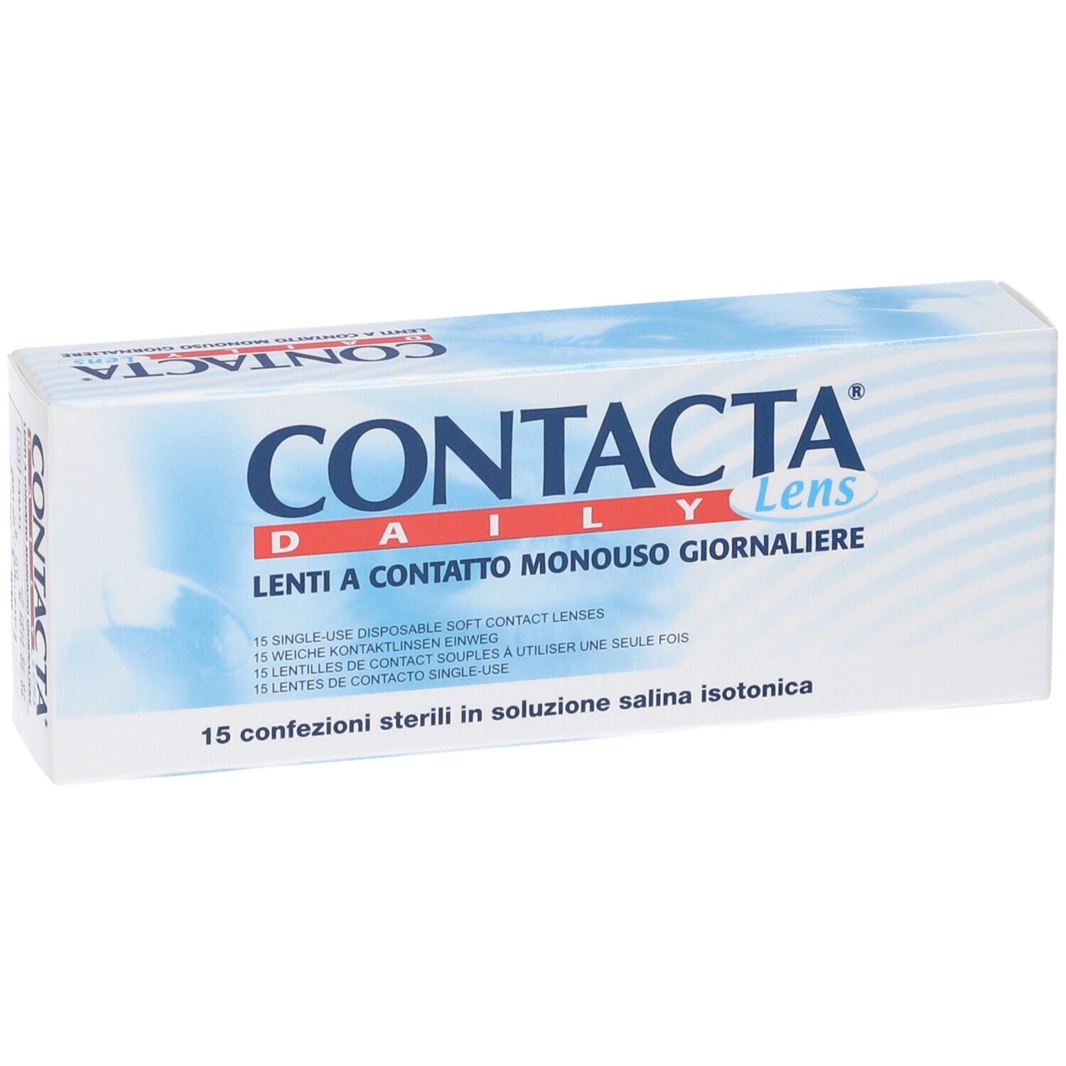 Confezione di lenti a contatto. Scritta CONTACTA Daily Lens. 15 lenti a contatto monouso. Testo multilingue.