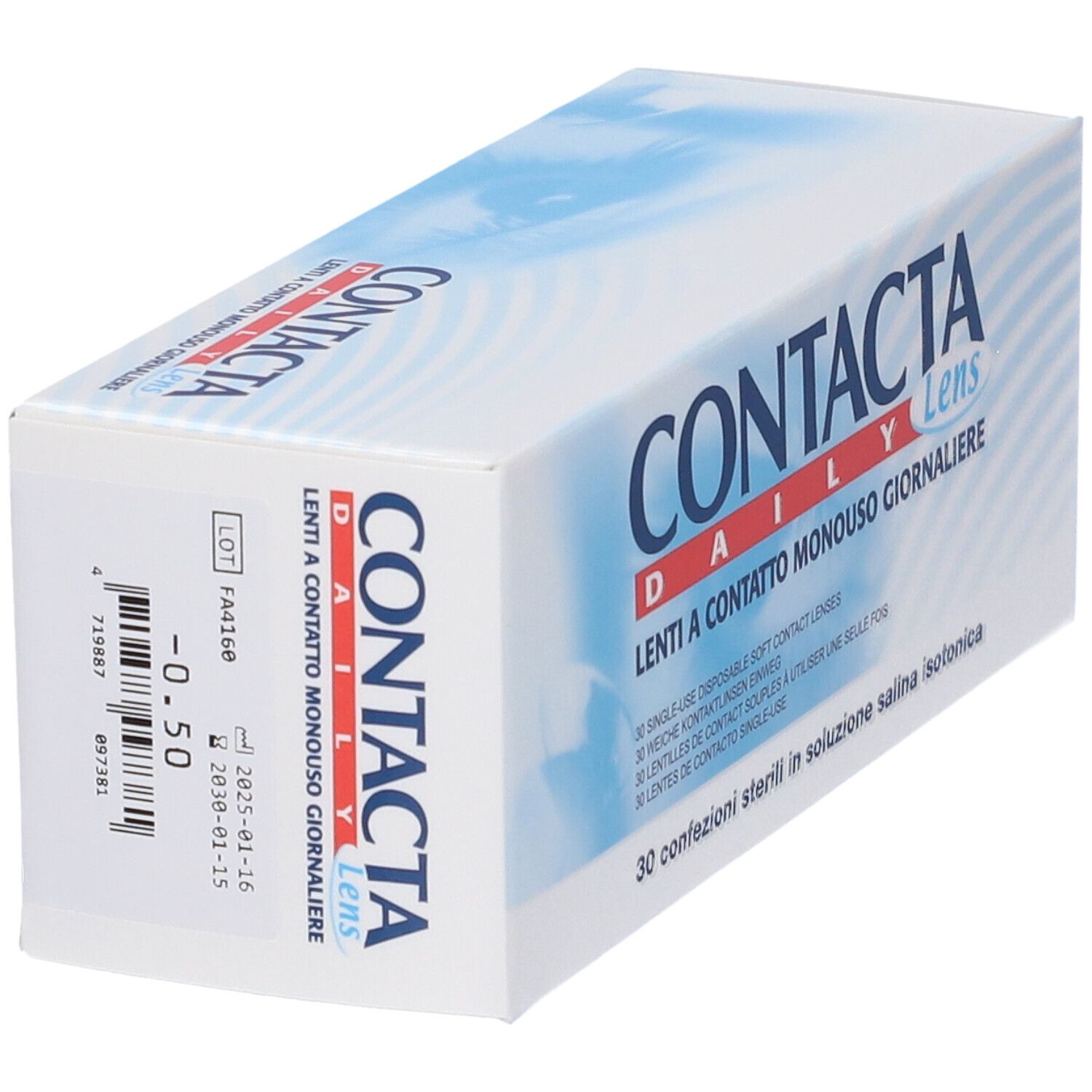 Confezione CONTACTA Daily Lens. Dettagli: -0,50, numero di lotto e data di scadenza.