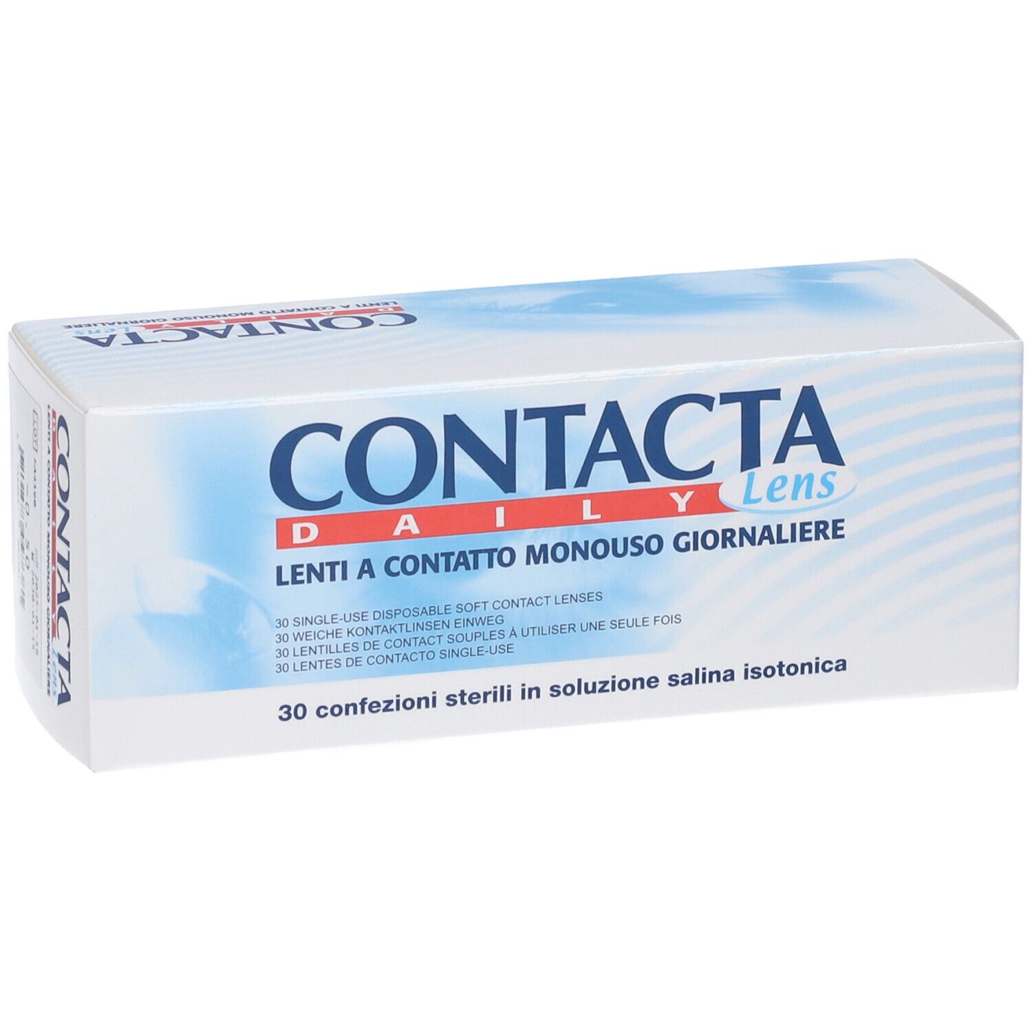 Confezione di lenti a contatto CONTACTA Daily Lens. 30 lenti giornaliere. Scritta in italiano.