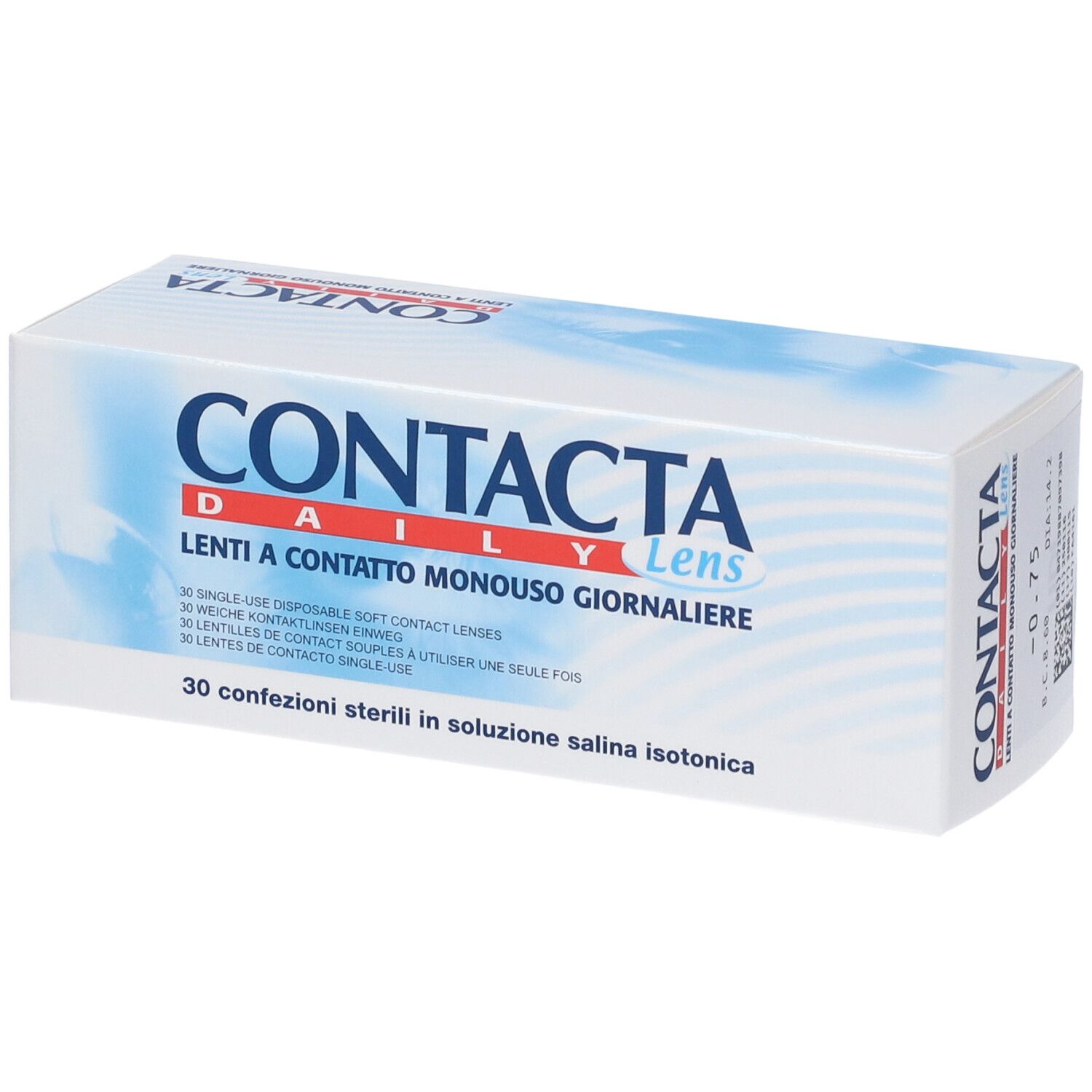 Confezione di lenti a contatto. Scritta: CONTACTA Daily Lens, Lenti a Contatto Monouso Giornaliere. 30 confezioni.