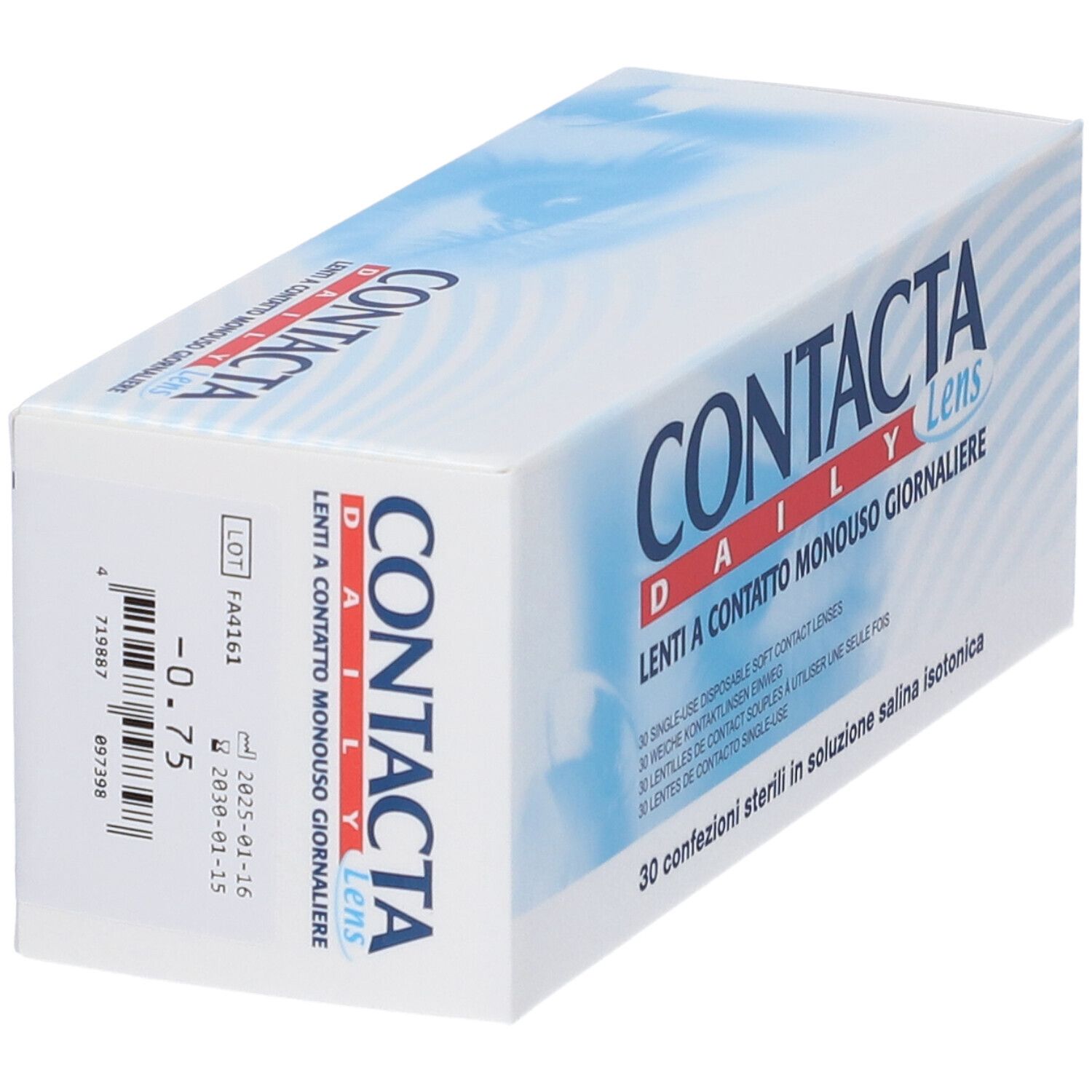 Confezione di lenti a contatto. Scritta: CONTACTA Daily Lens, Lenti a Contatto Monouso Giornaliere. 30 confezioni. Dettaglio.
