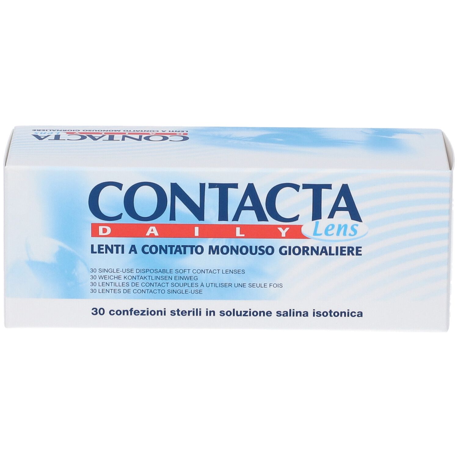 Confezione di lenti a contatto. Scritta: CONTACTA Daily Lens, Lenti a Contatto Monouso Giornaliere. 30 confezioni.