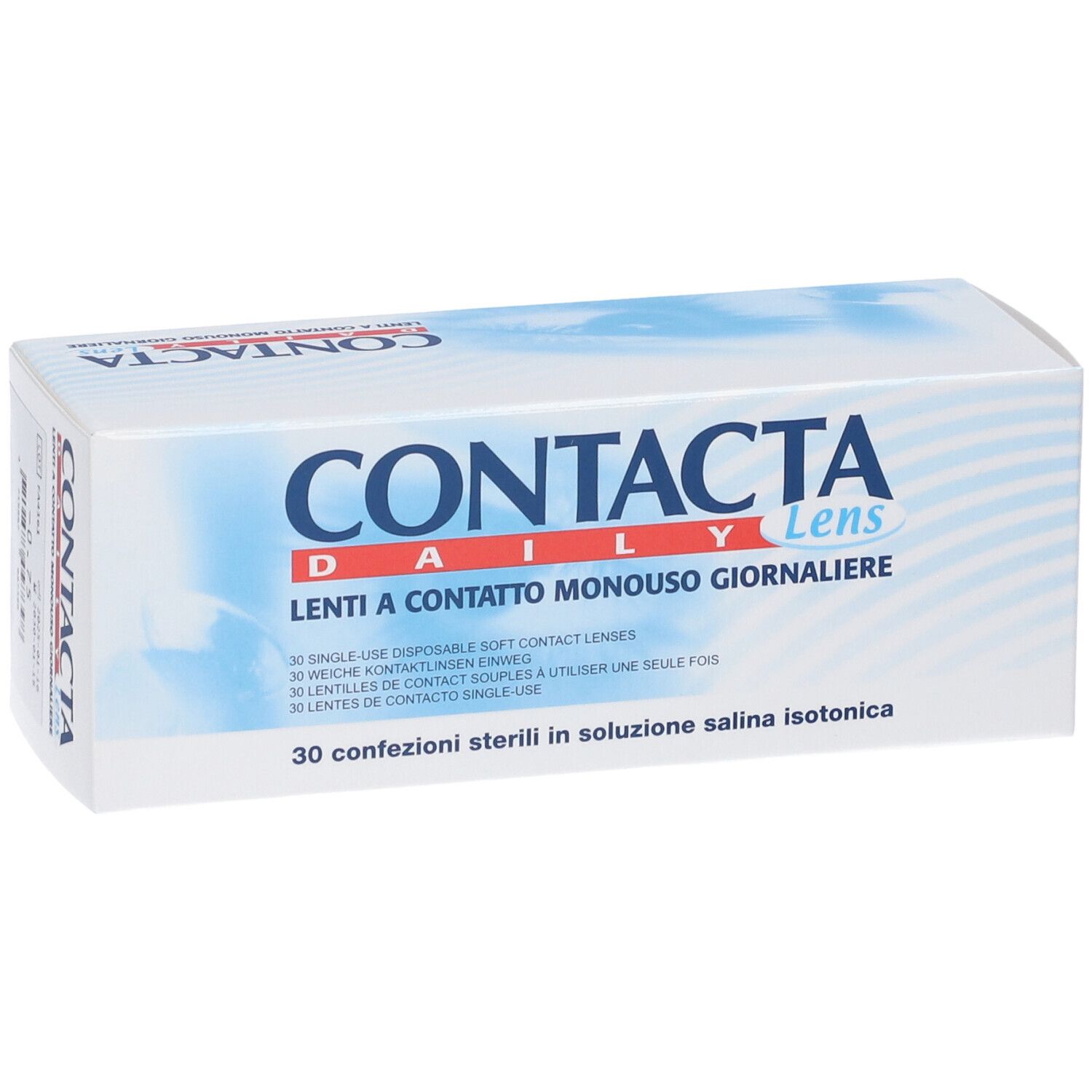 Confezione di lenti a contatto. Scritta: CONTACTA Daily Lens, Lenti a Contatto Monouso Giornaliere. 30 confezioni.