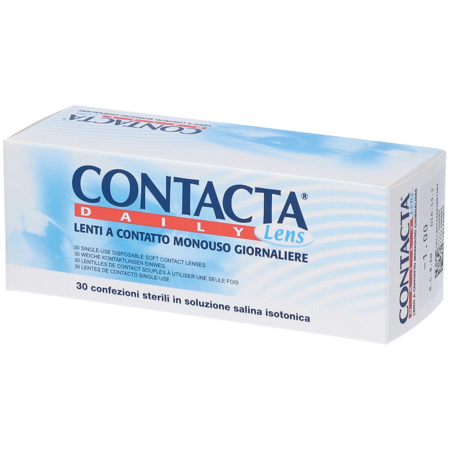 Confezione di lenti a contatto. Scritta: CONTACTA Daily Lens, Lenti a Contatto Monouso Giornaliere. Multilingue.