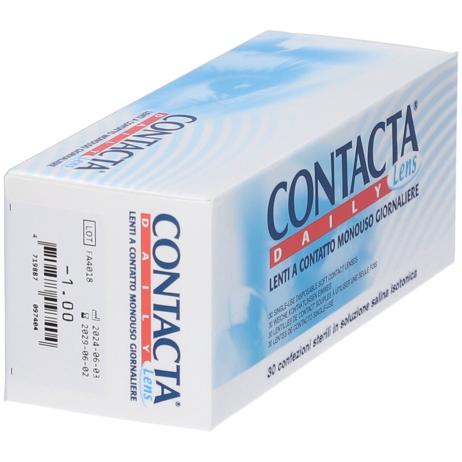 Confezione di lenti a contatto. Scritta: CONTACTA Daily Lens, Lenti a Contatto Monouso Giornaliere. Con indicazione di diottrie.